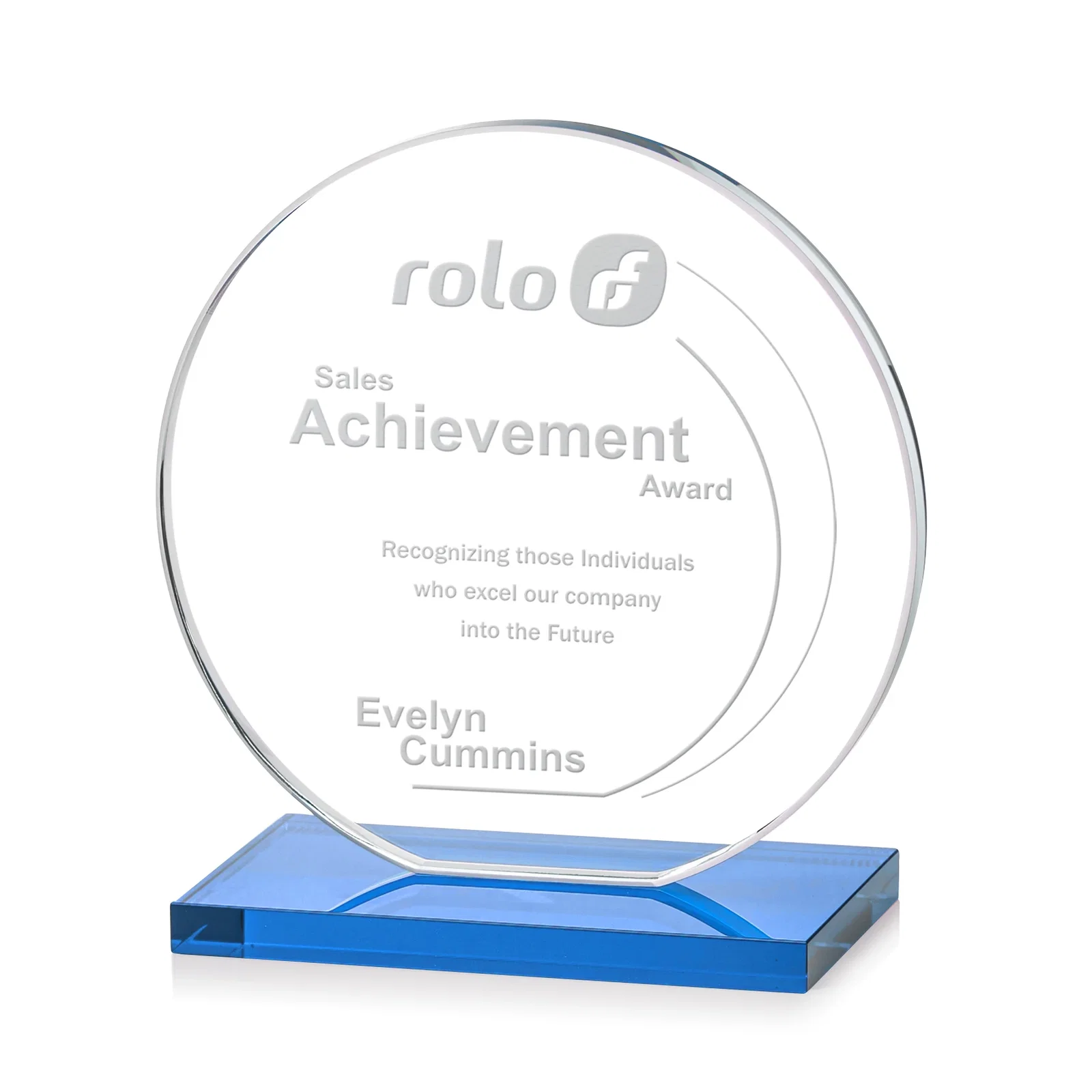 Custom printed Starfire Crystal Disc Award On An Ivory Crystal Base for sales achievement awards