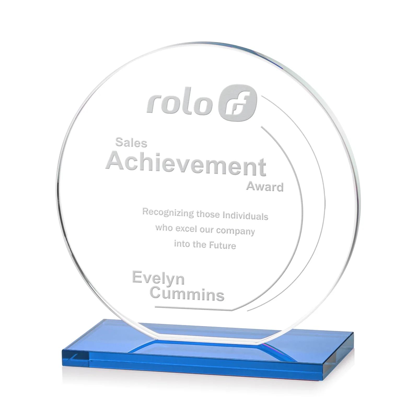 Custom printed Starfire Crystal Disc Award On An Ivory Crystal Base for retirement presentations