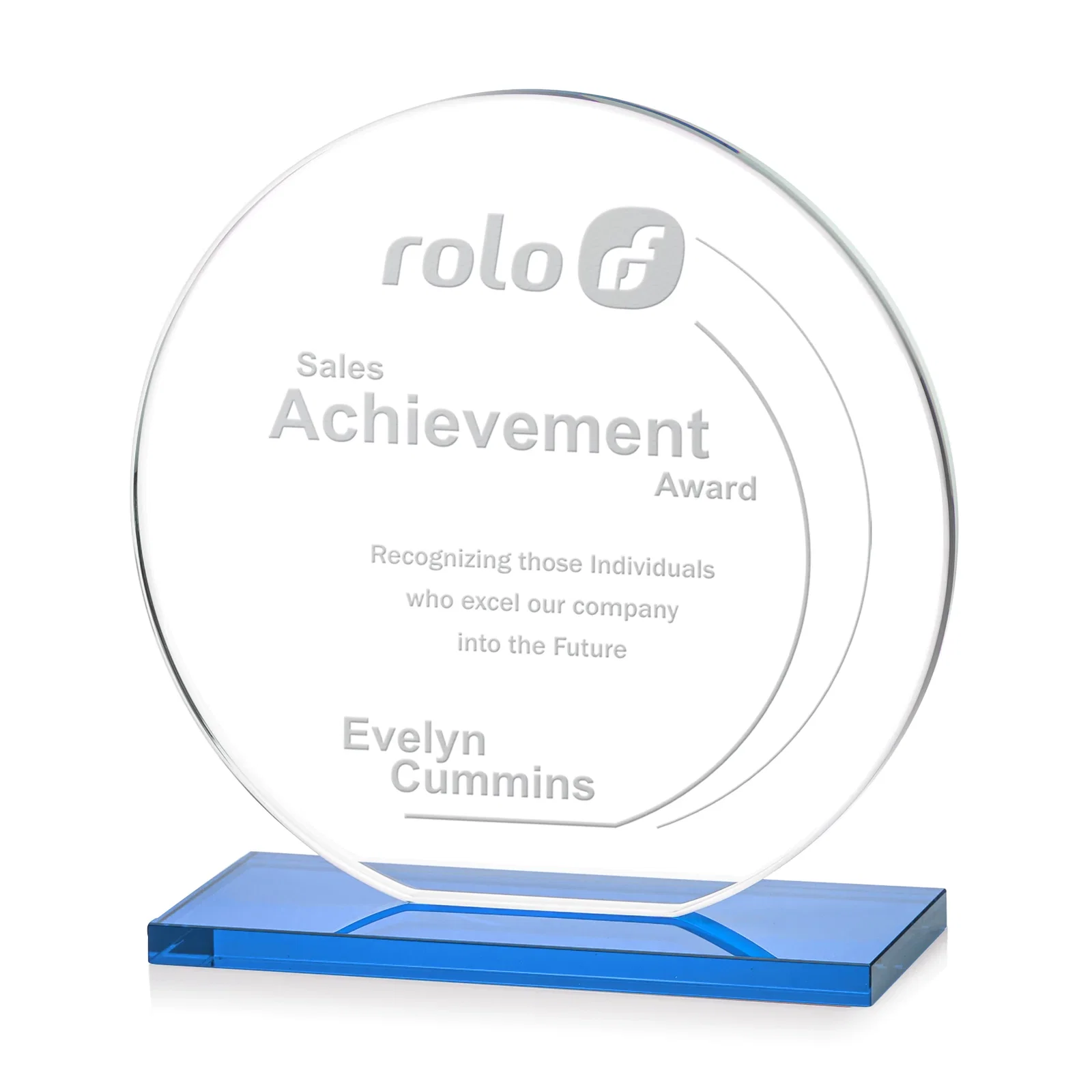 Custom printed Starfire Crystal Disc Award On An Ivory Crystal Base for team milestone celebrations