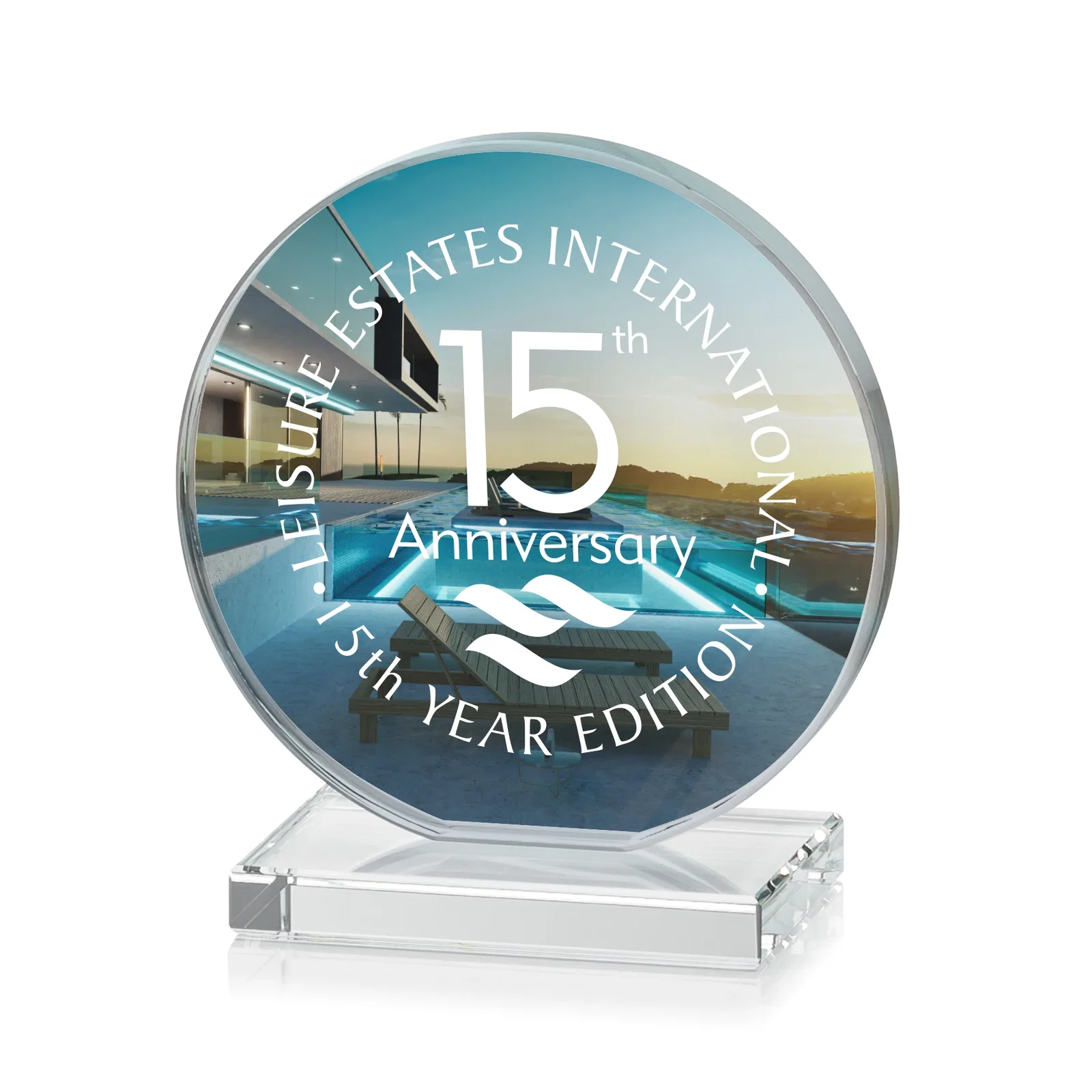 Custom printed Starfire Crystal Disc Award On An Ivory Crystal Base for graduation ceremonies