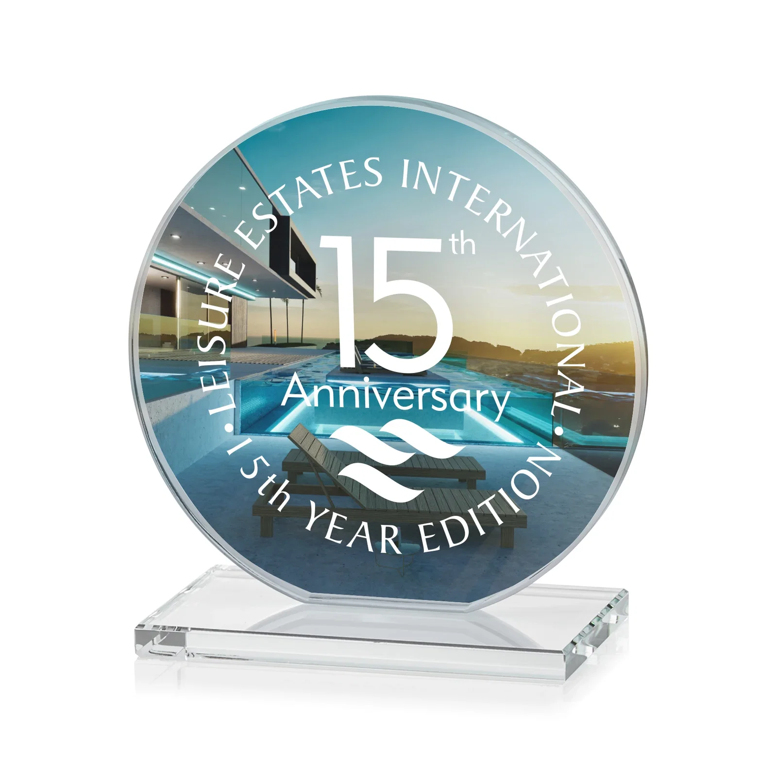Custom printed Starfire Crystal Disc Award On An Ivory Crystal Base for safety achievement programs