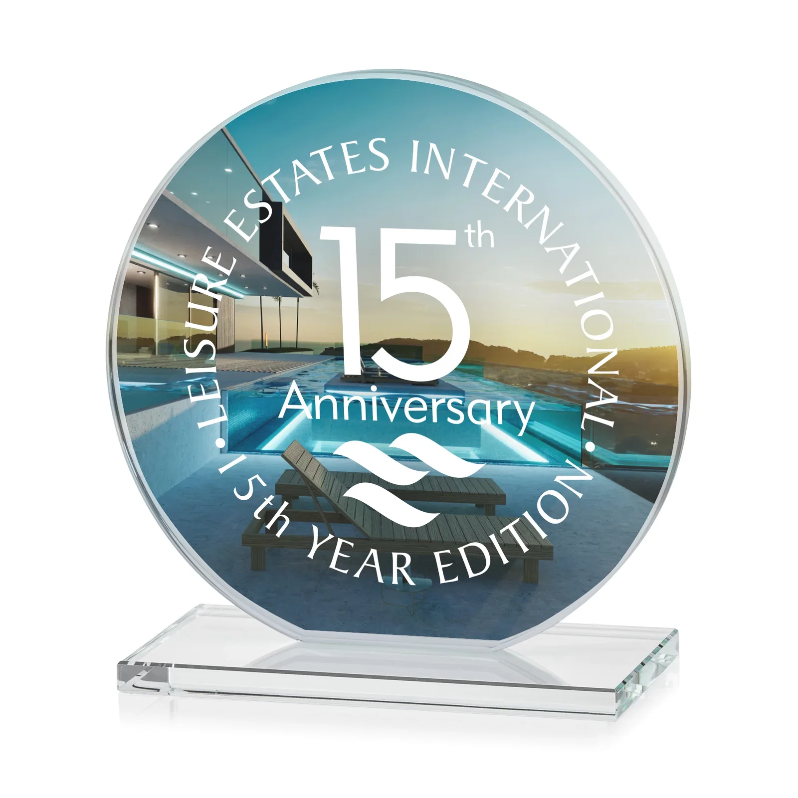 Custom printed Starfire Crystal Disc Award On An Ivory Crystal Base for dealer and partner awards
