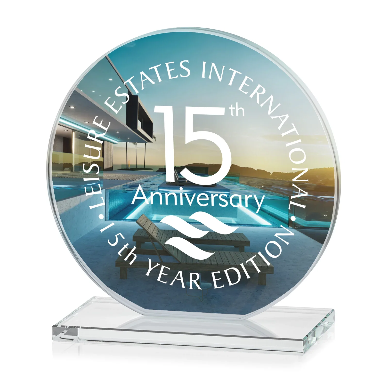 Custom printed Starfire Crystal Disc Award On An Ivory Crystal Base for company anniversary events