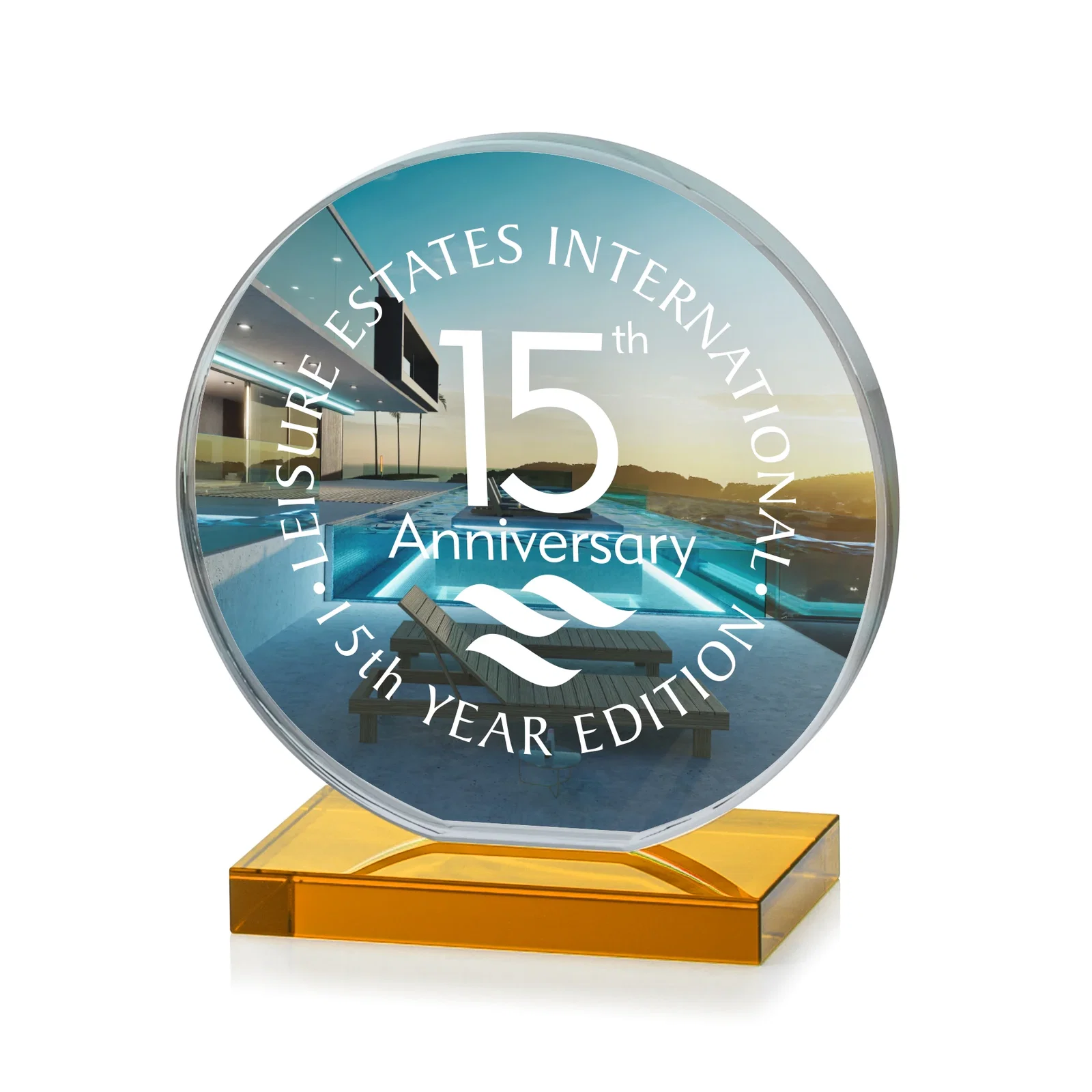 Customized Starfire Crystal Disc Award On An Ivory Crystal Base for corporate award ceremonies
