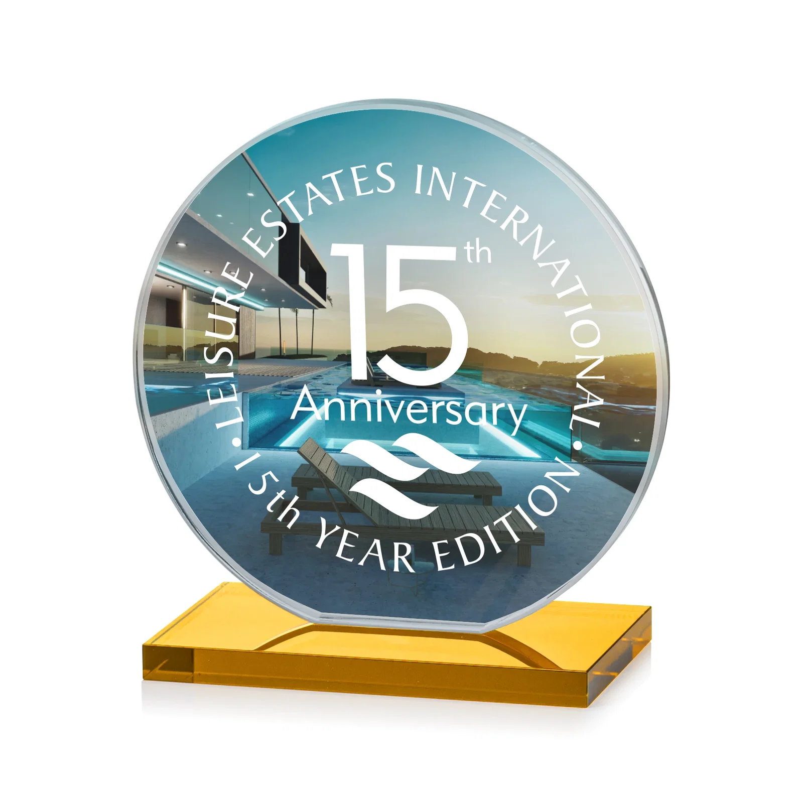 Customized Starfire Crystal Disc Award On An Ivory Crystal Base for service anniversary gifts