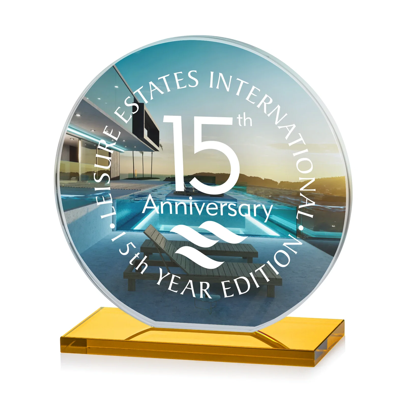 Customized Starfire Crystal Disc Award On An Ivory Crystal Base for retirement presentations