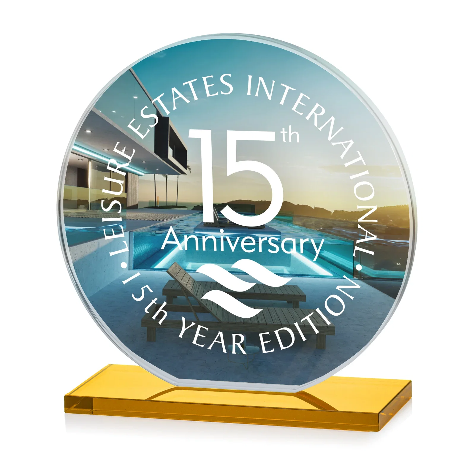Customized Starfire Crystal Disc Award On An Ivory Crystal Base for team milestone celebrations