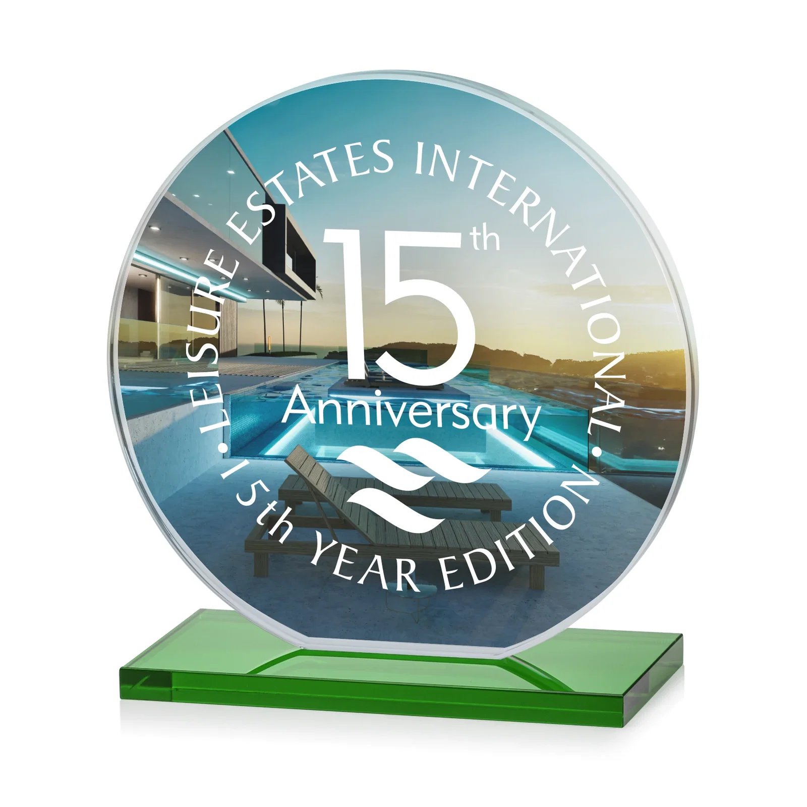 Customized Starfire Crystal Disc Award On An Ivory Crystal Base for dealer and partner awards