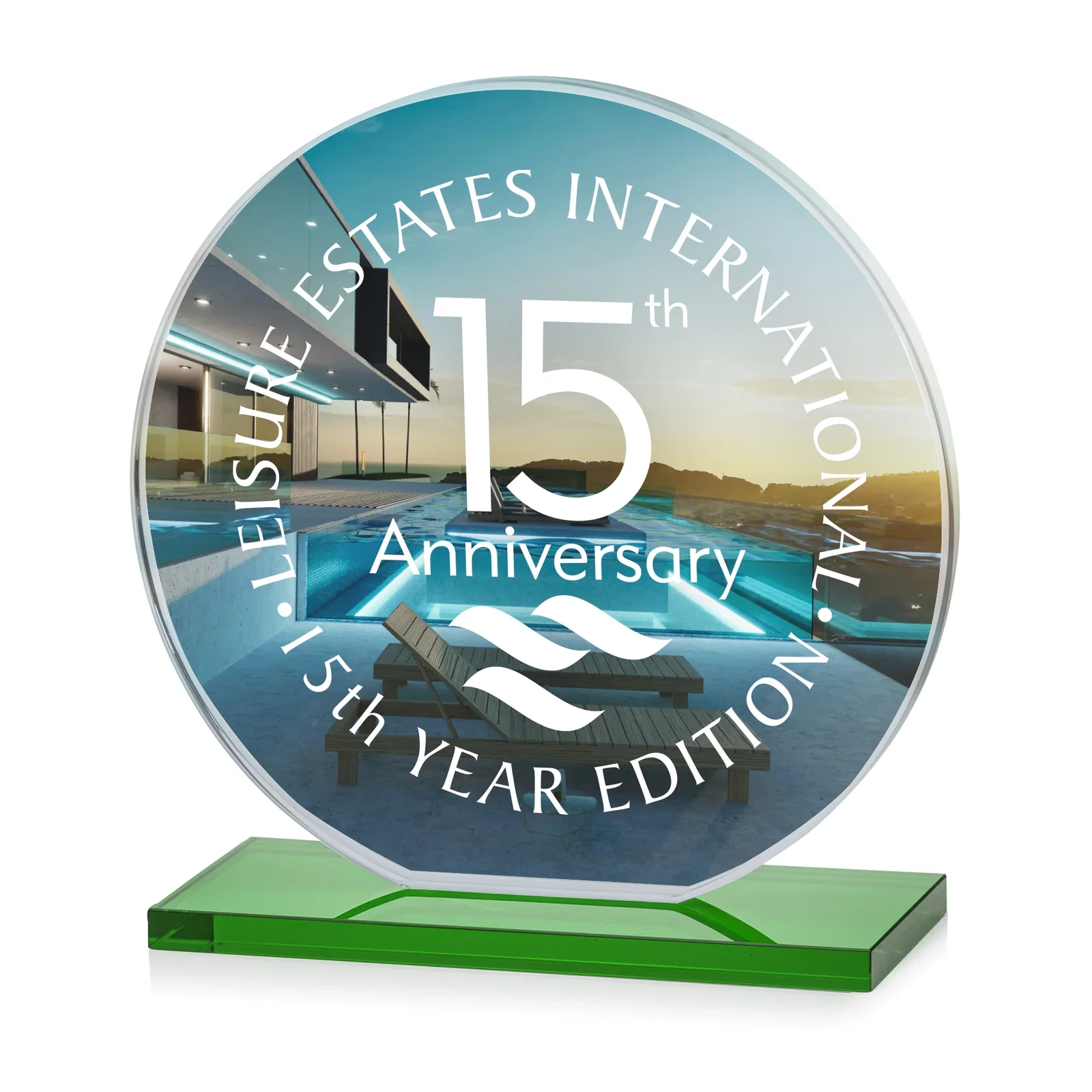 Customized Starfire Crystal Disc Award On An Ivory Crystal Base for company anniversary events