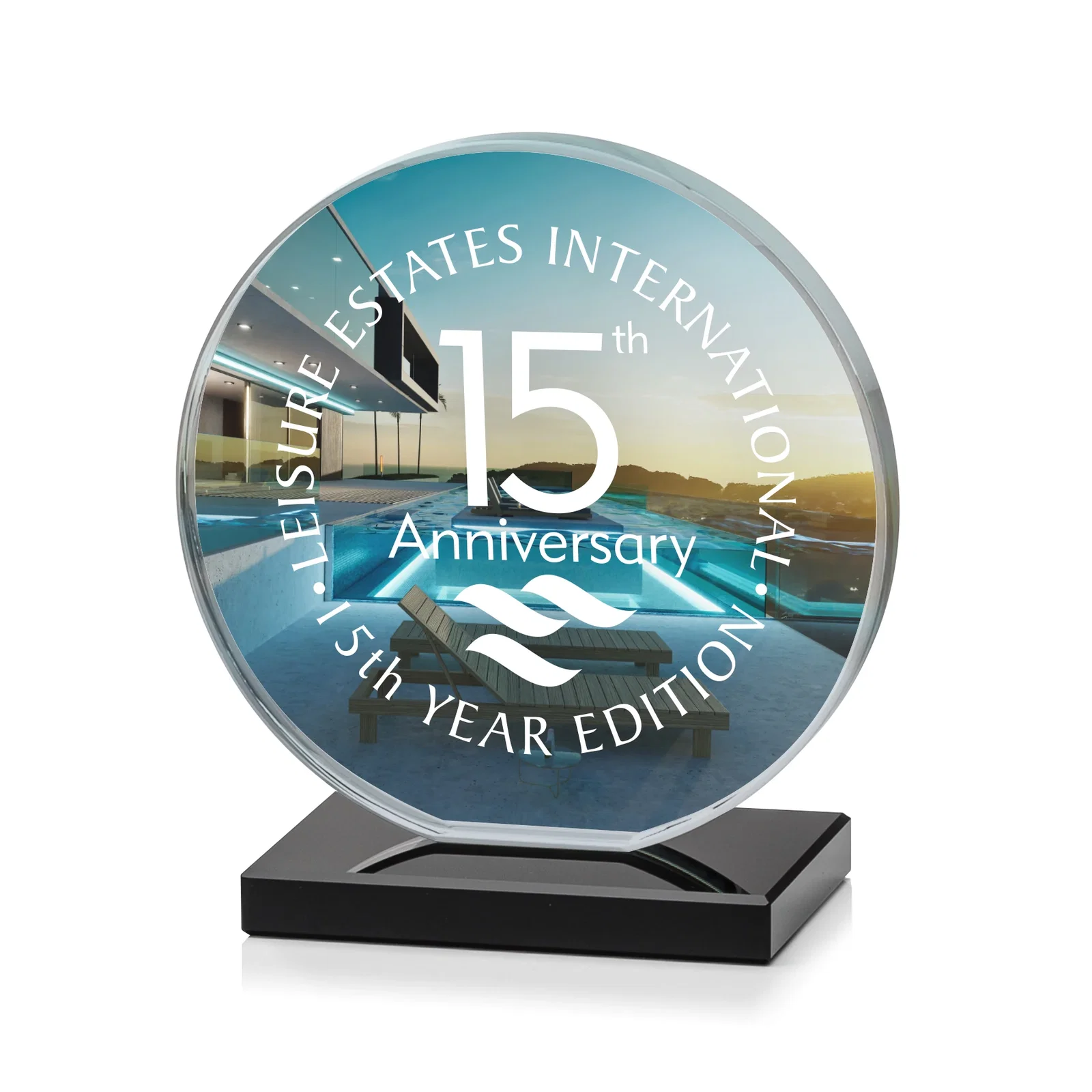 Custom engraved Starfire Crystal Disc Award On An Ivory Crystal Base for corporate award ceremonies