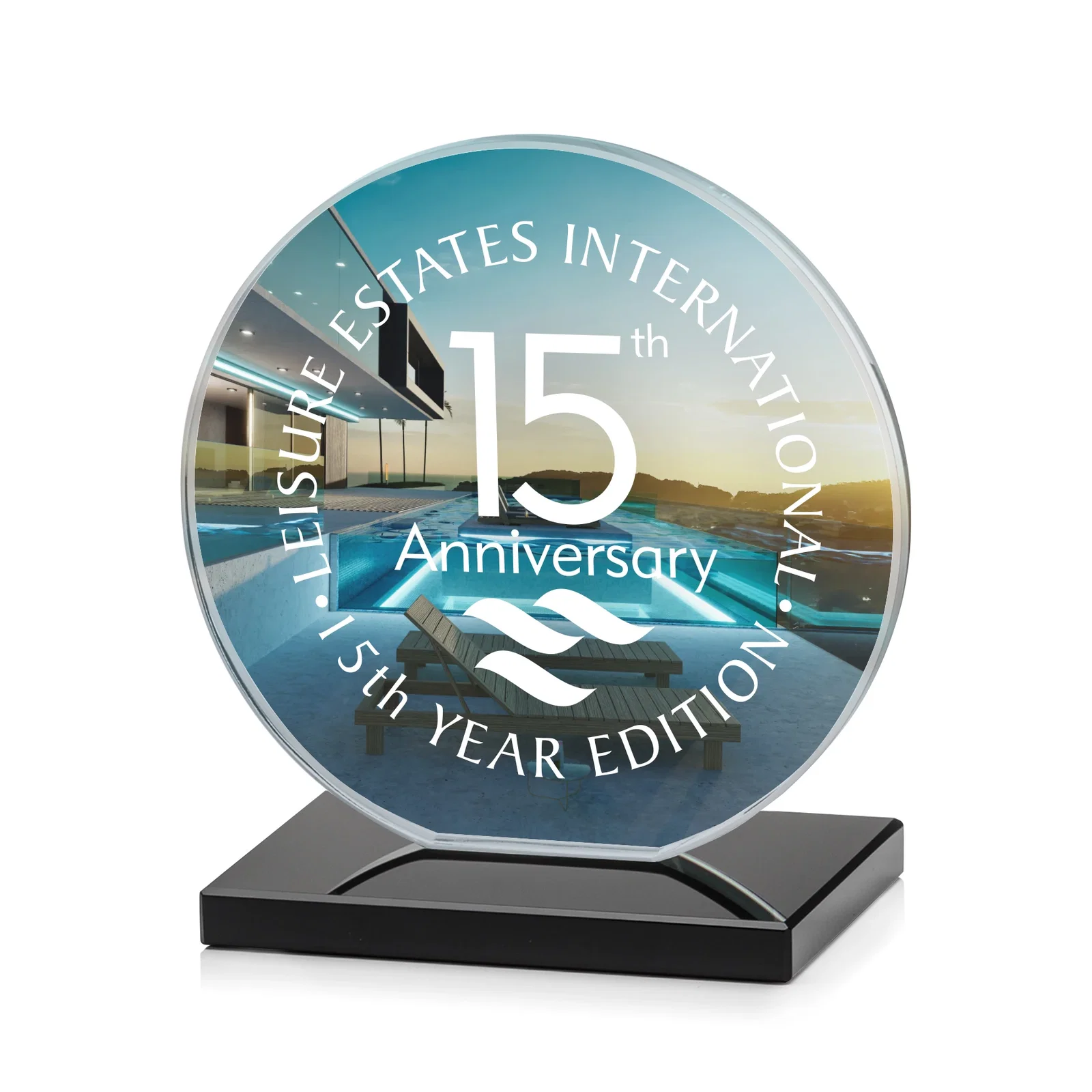 Custom engraved Starfire Crystal Disc Award On An Ivory Crystal Base for service anniversary gifts