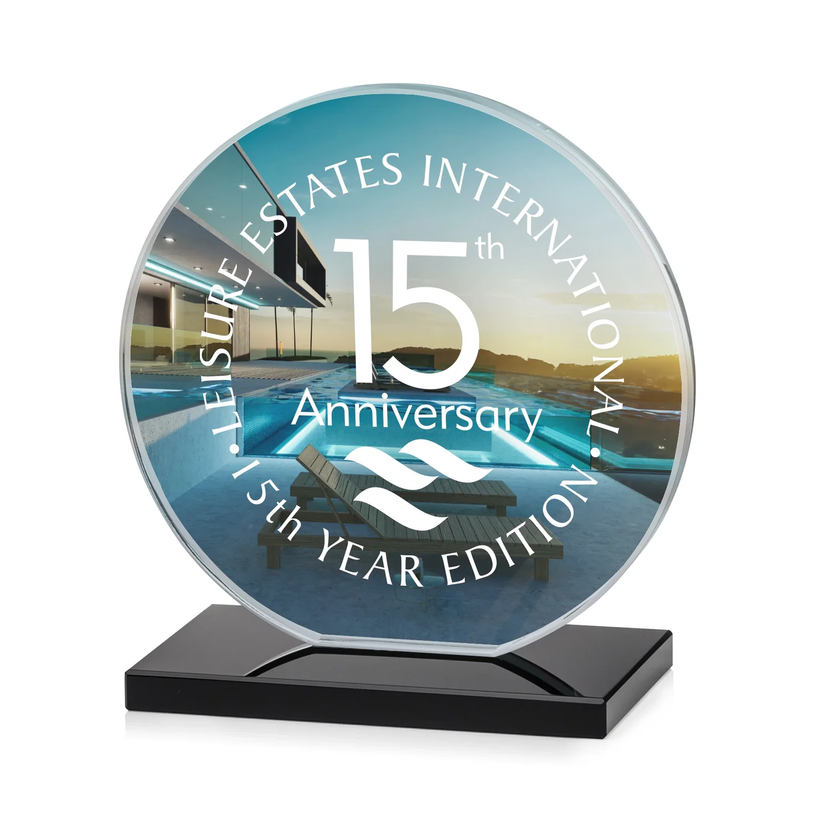 Custom engraved Starfire Crystal Disc Award On An Ivory Crystal Base for sales achievement awards