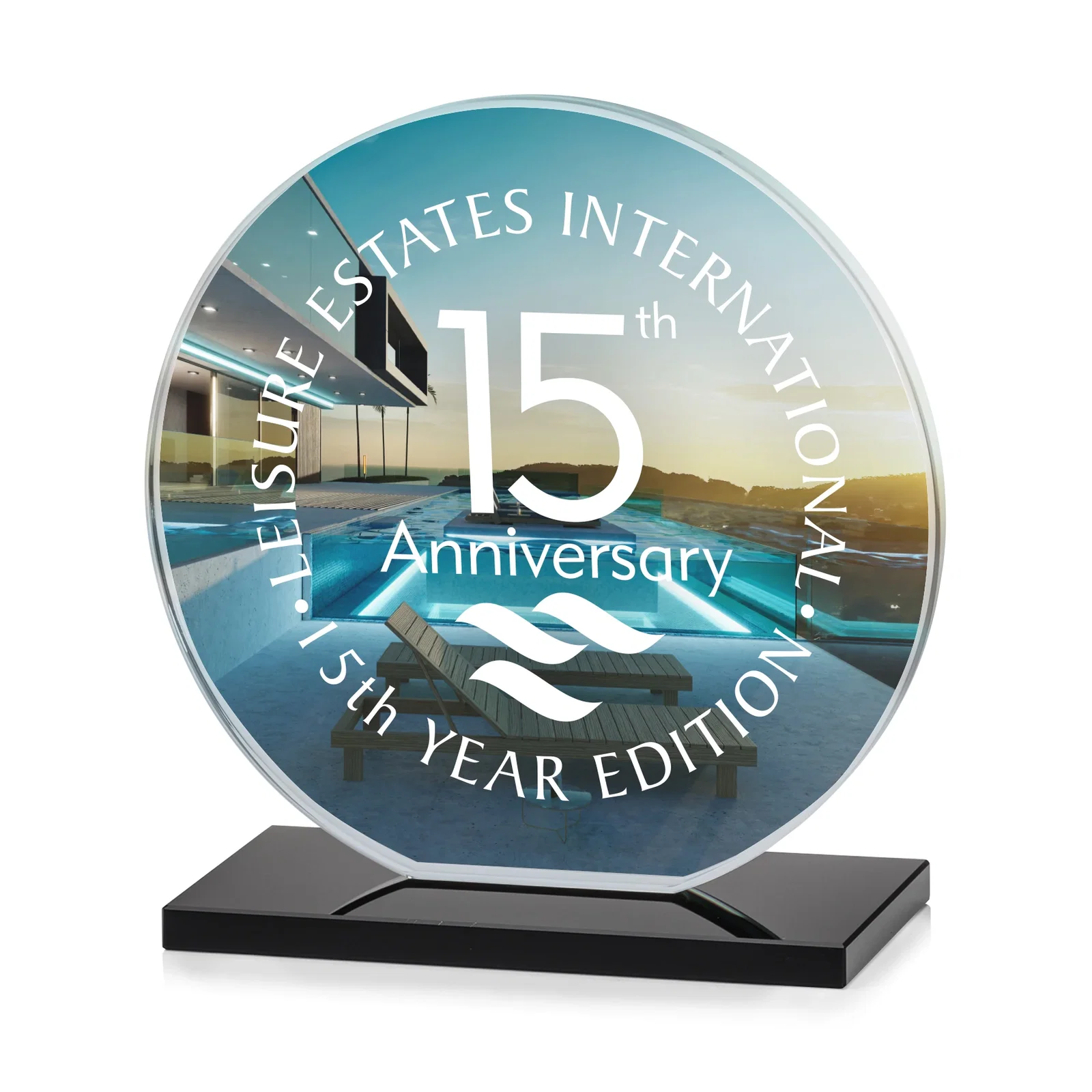 Custom engraved Starfire Crystal Disc Award On An Ivory Crystal Base for retirement presentations