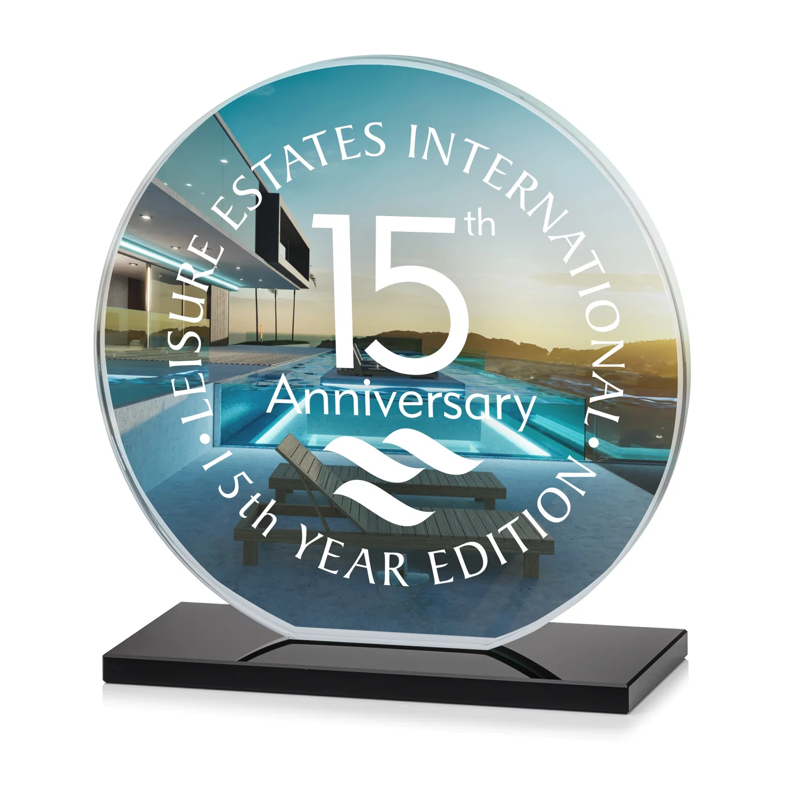 Custom engraved Starfire Crystal Disc Award On An Ivory Crystal Base for team milestone celebrations