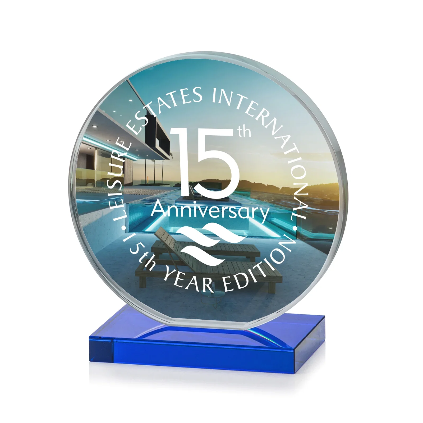 Custom engraved Starfire Crystal Disc Award On An Ivory Crystal Base for graduation ceremonies