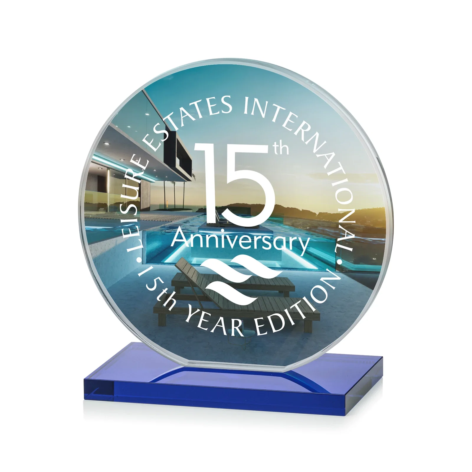 Custom engraved Starfire Crystal Disc Award On An Ivory Crystal Base for safety achievement programs