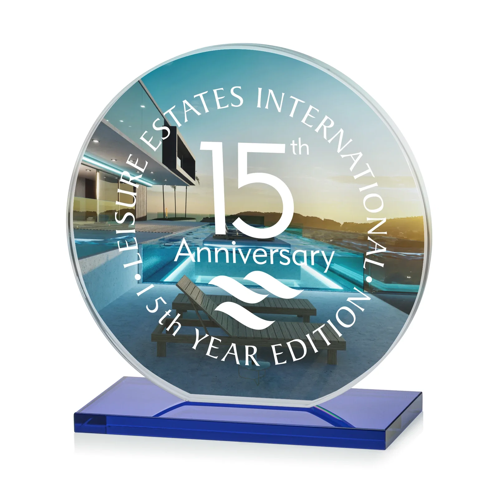 Custom engraved Starfire Crystal Disc Award On An Ivory Crystal Base for dealer and partner awards
