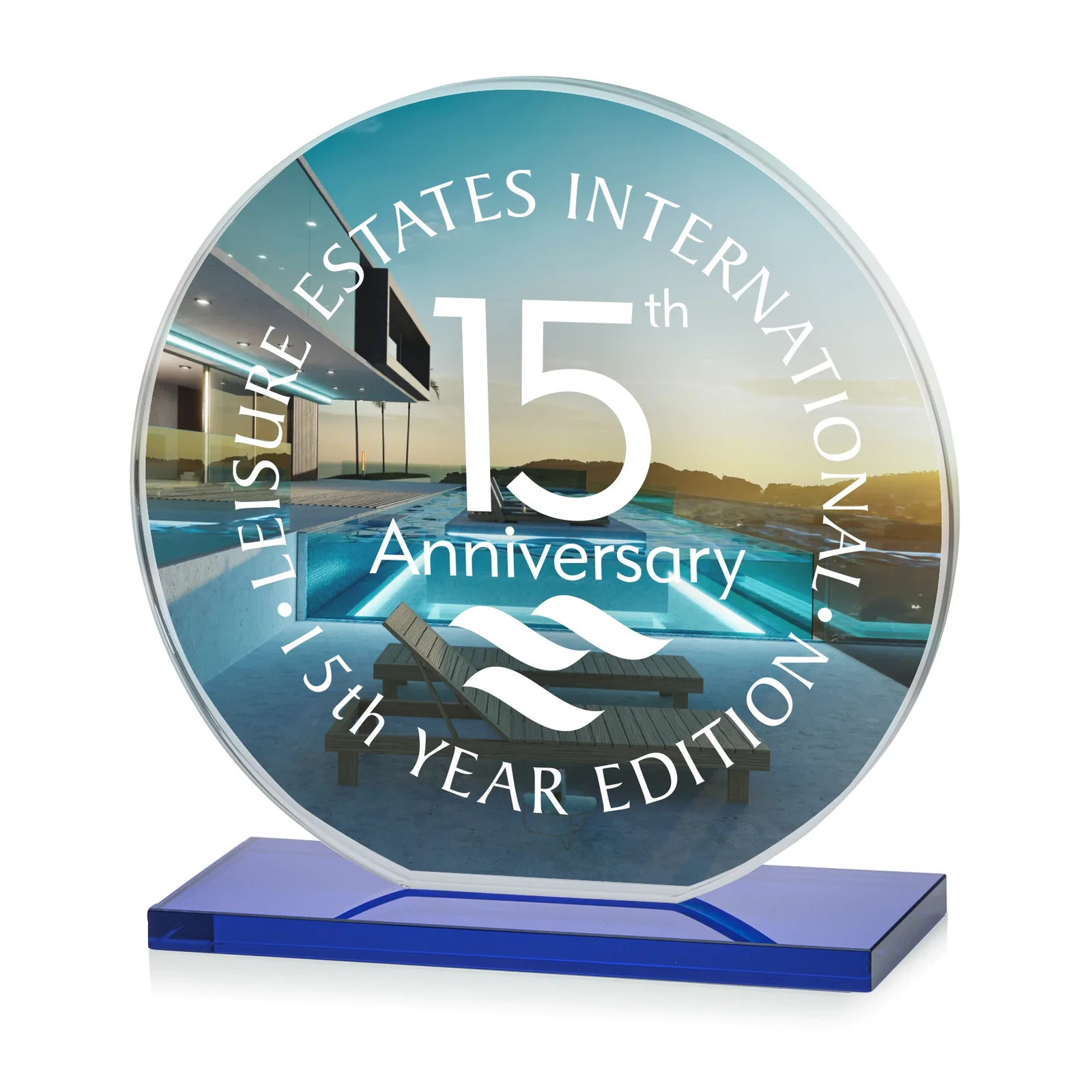 Custom engraved Starfire Crystal Disc Award On An Ivory Crystal Base for company anniversary events