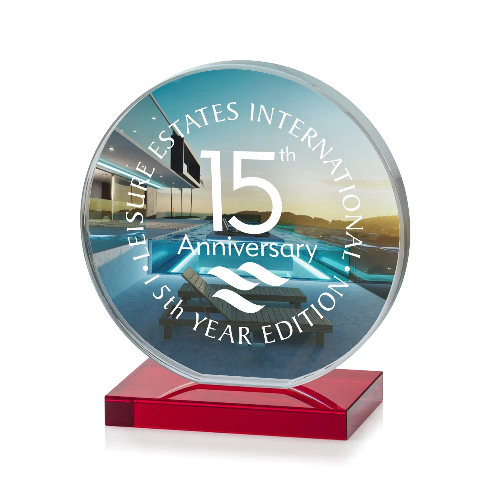 Custom Starfire Crystal Disc Award On An Ivory Crystal Base, with your logo for corporate award ceremonies