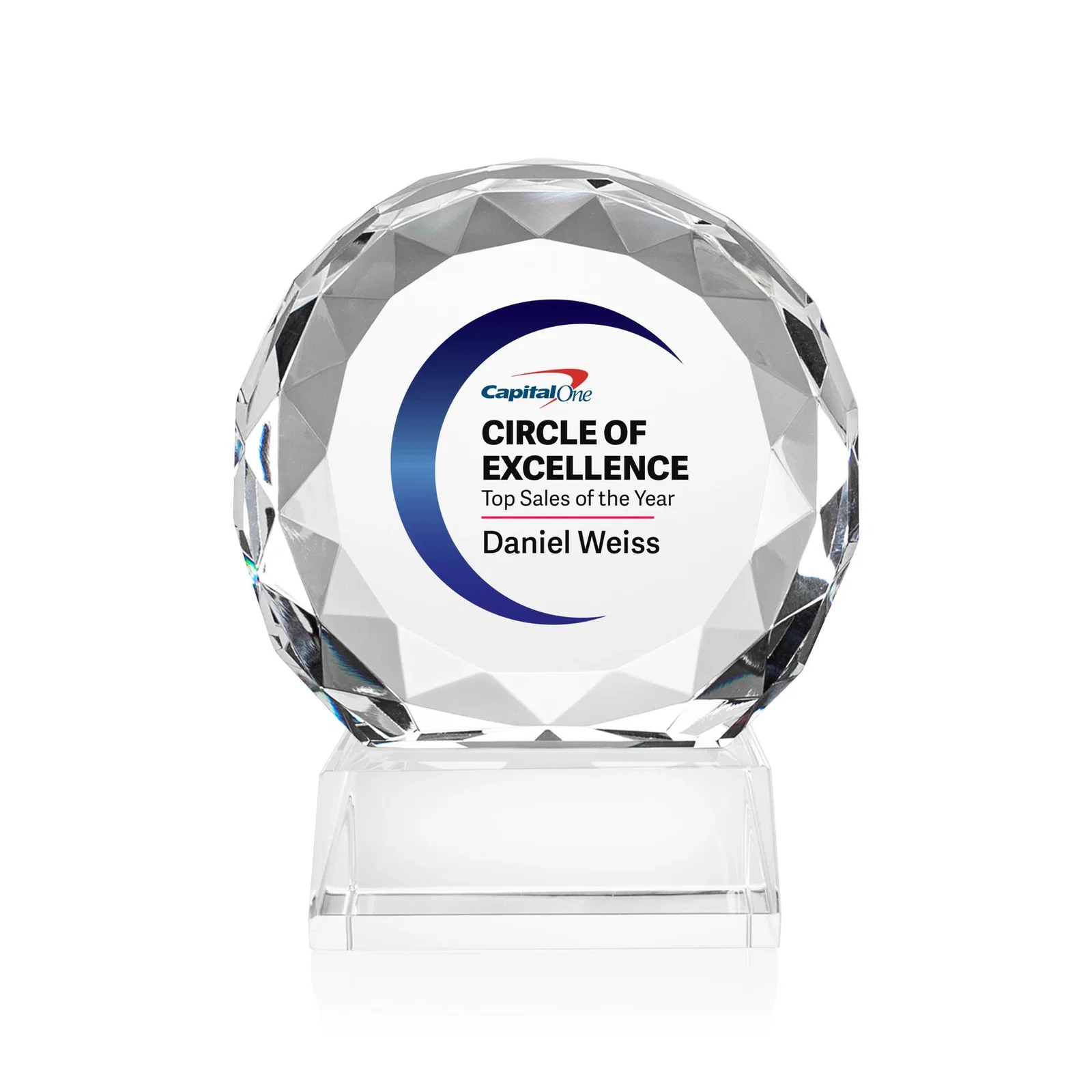 Custom Optical Crystal Round Award with Faceted Edge for volunteer appreciation