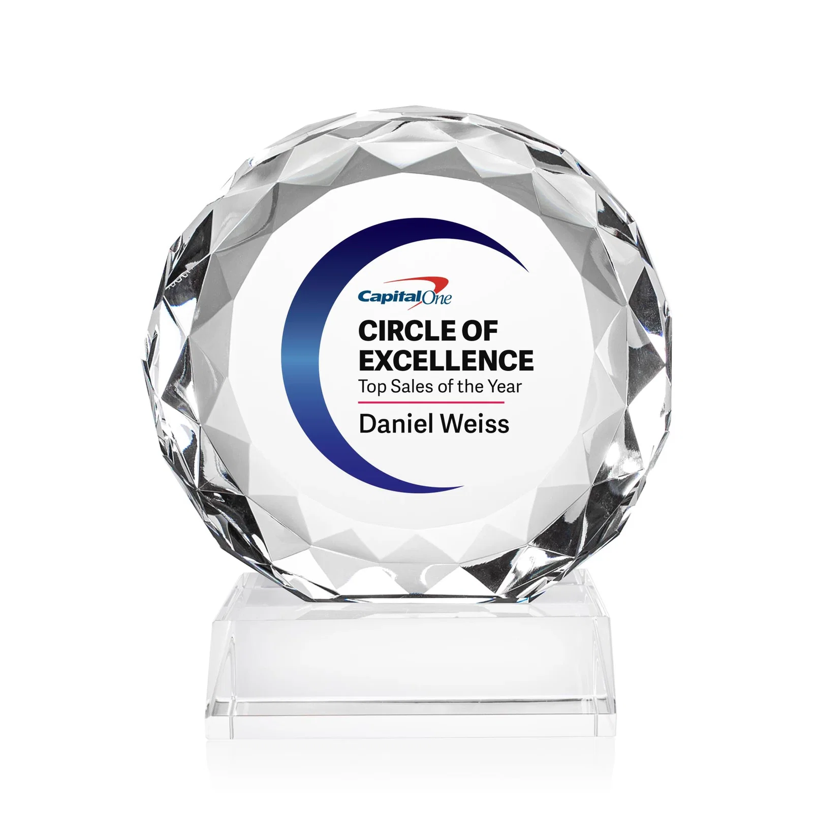 Custom Optical Crystal Round Award with Faceted Edge for dealer and partner awards