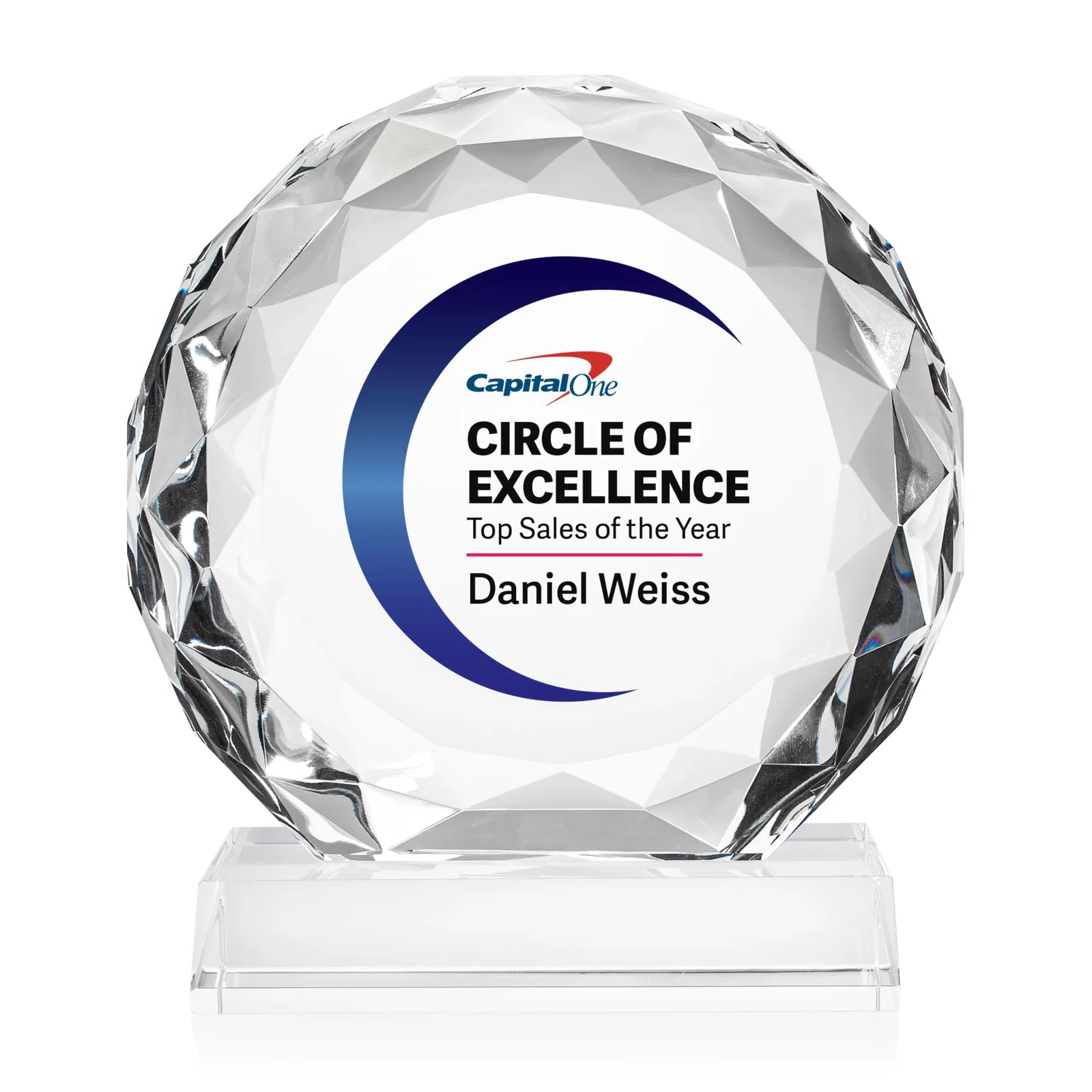 Personalized Optical Crystal Round Award with Faceted Edge for employee recognition