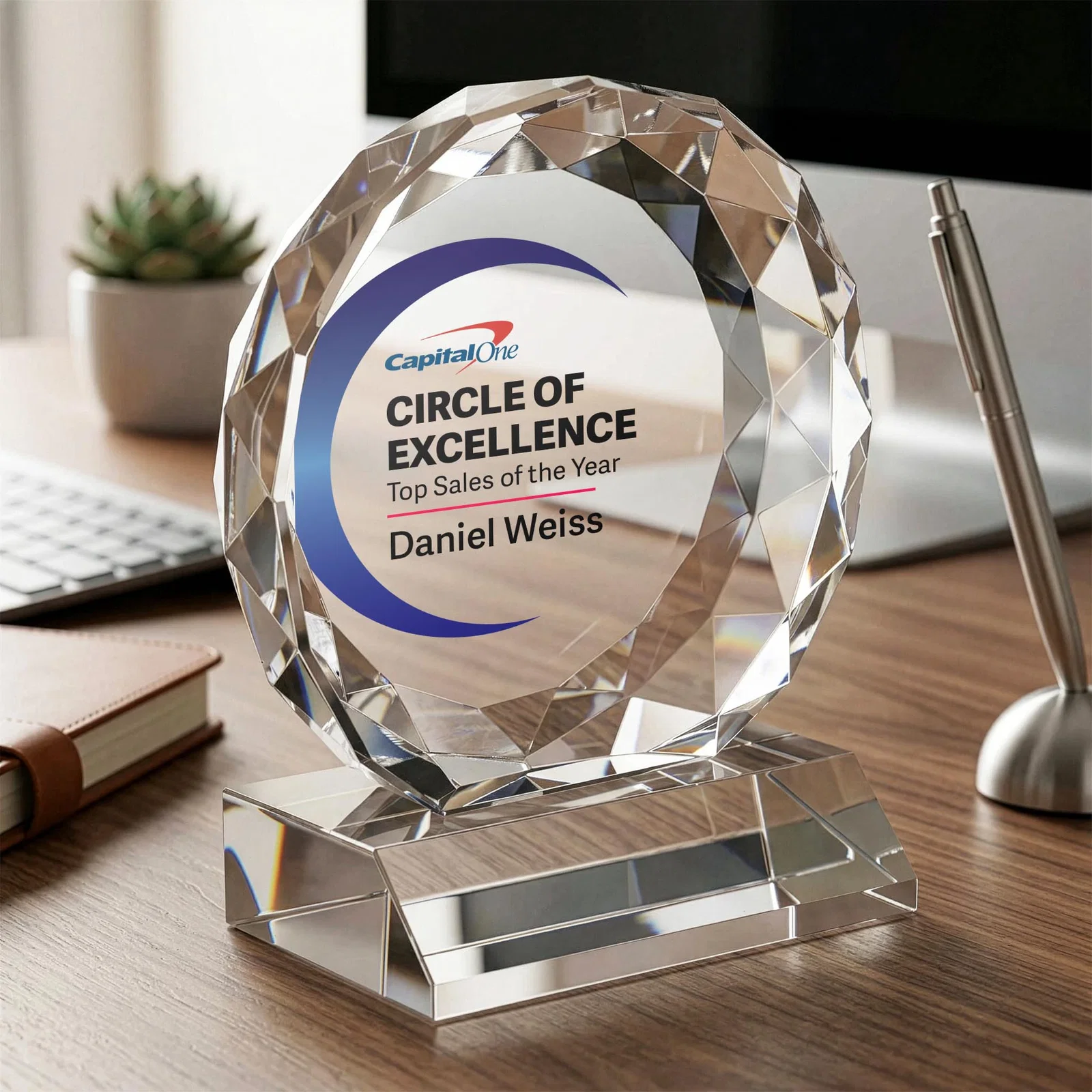 Personalized Optical Crystal Round Award with Faceted Edge for corporate award ceremonies