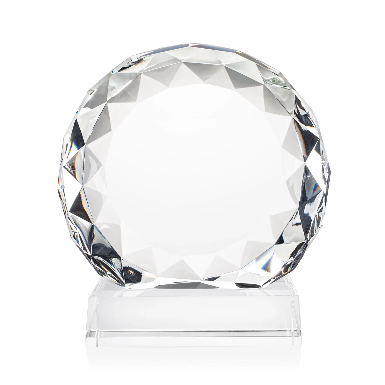 Personalized Optical Crystal Round Award with Faceted Edge for retirement presentations