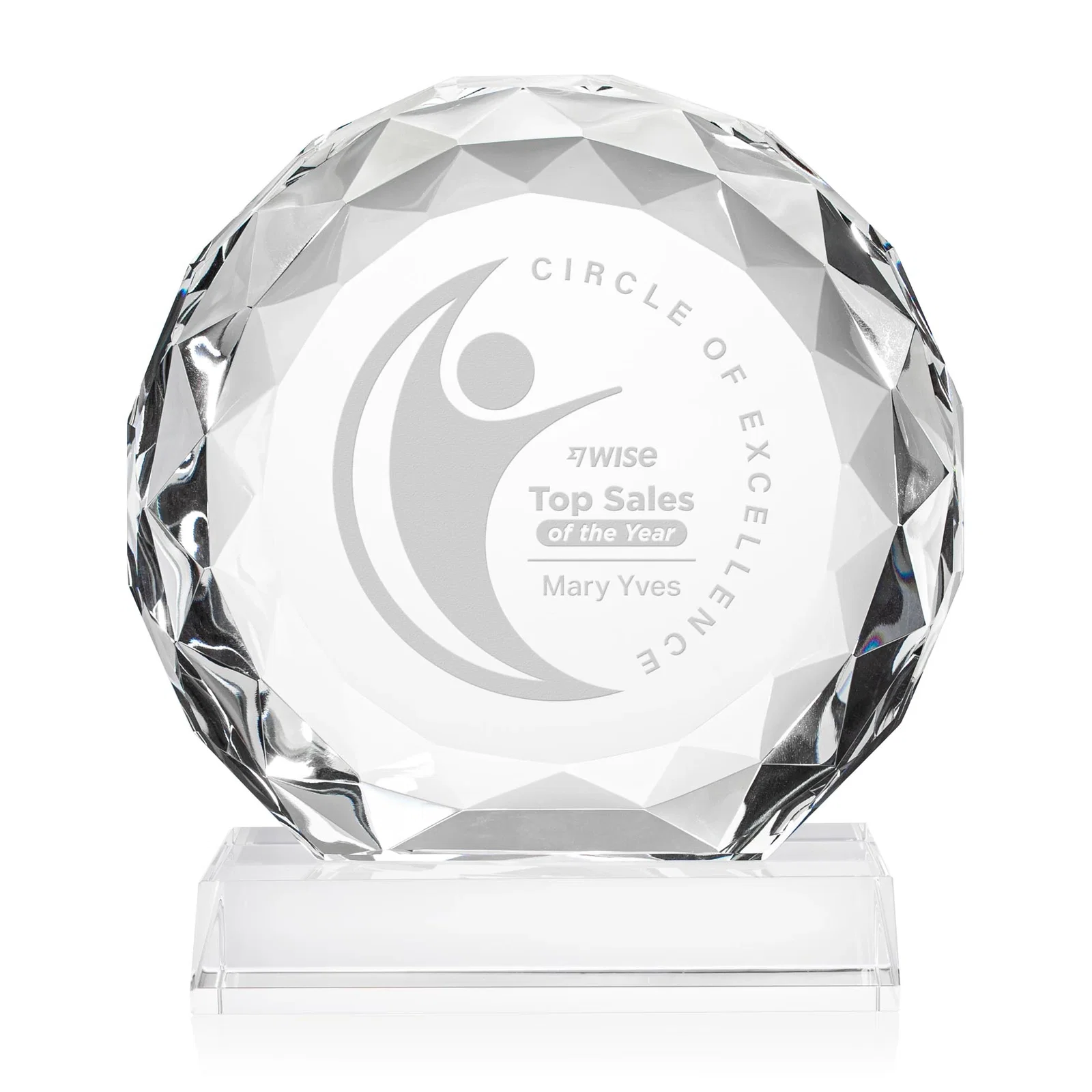Custom Optical Crystal Round Award with Faceted Edge for retirement presentations