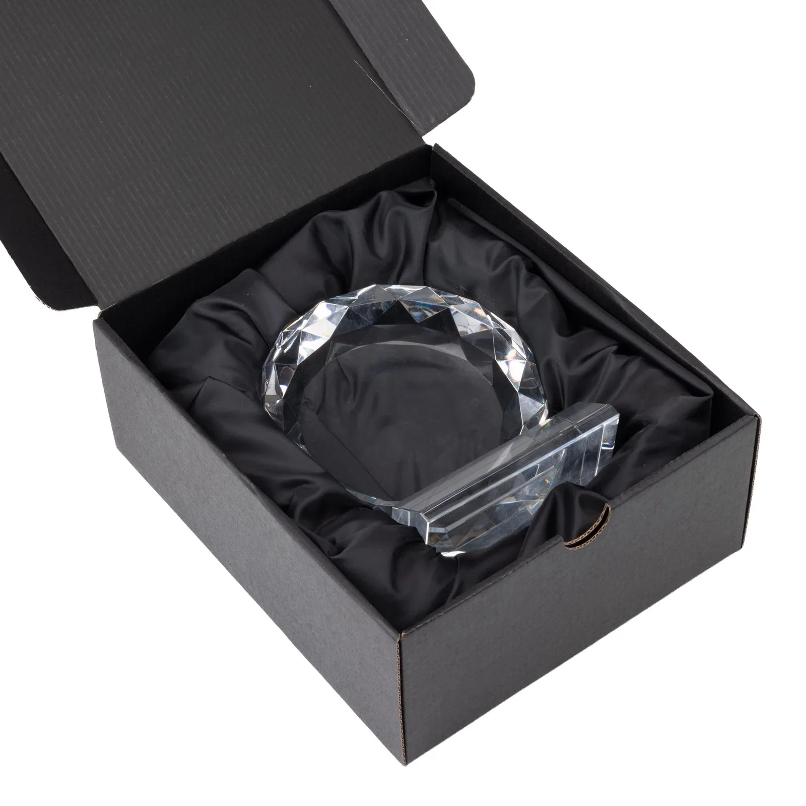 Custom Optical Crystal Round Award with Faceted Edge for donor appreciation