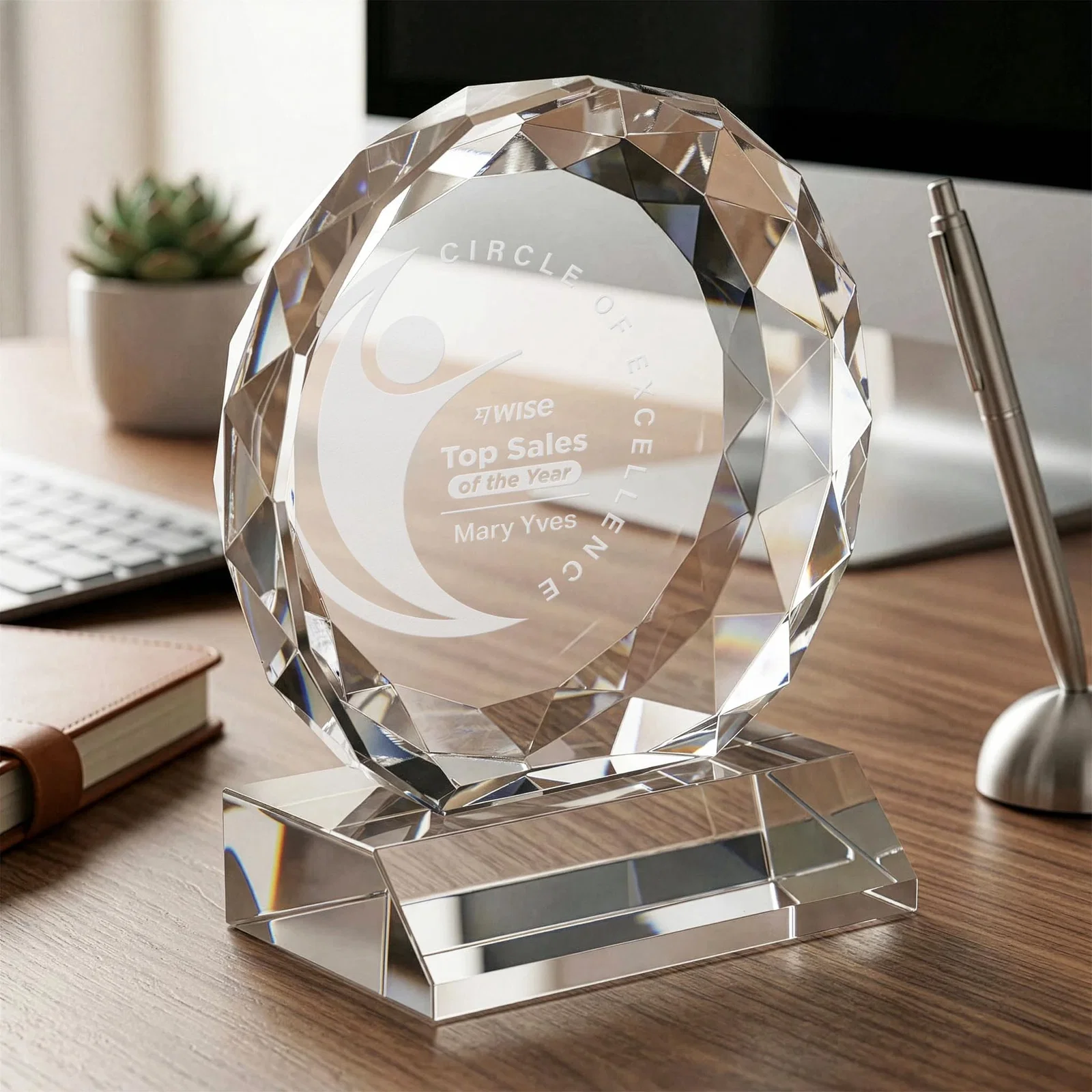 Custom Optical Crystal Round Award with Faceted Edge for graduation ceremonies