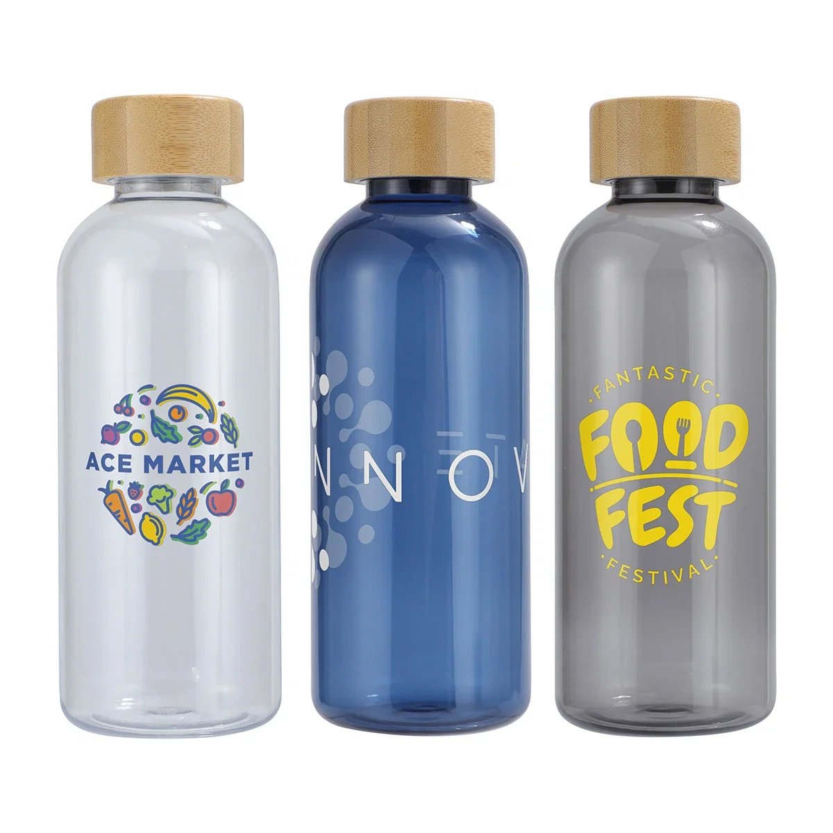 Custom Vida 22 oz RPET Reusable Sports Bottle, front view of the branded bottle with bamboo lid