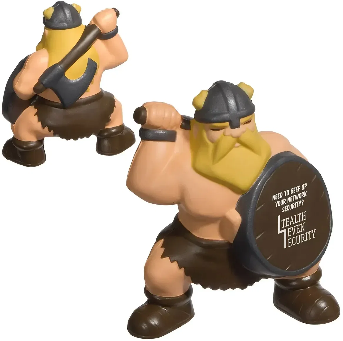 Viking custom stress reliever, horned warrior mascot squeeze toy branded with logo, front view