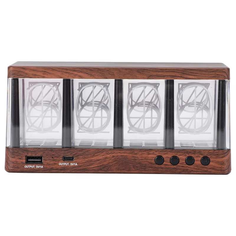 Branded woodgrain nixie-tube desk clock, rear view of custom promotional desk clock ports