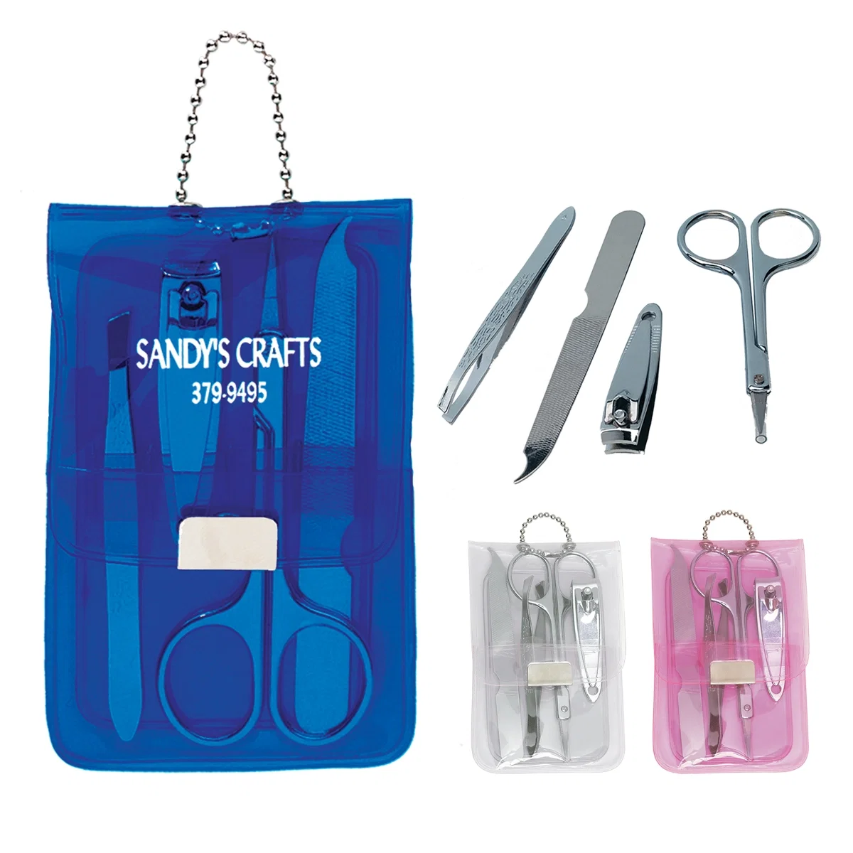 Vinyl manicure set with translucent case holding nail care tools