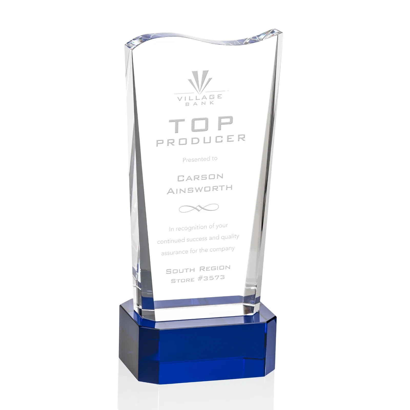 Custom Optical Crystal Sculpture Award on Clipped Optical Base, awards for company anniversary events