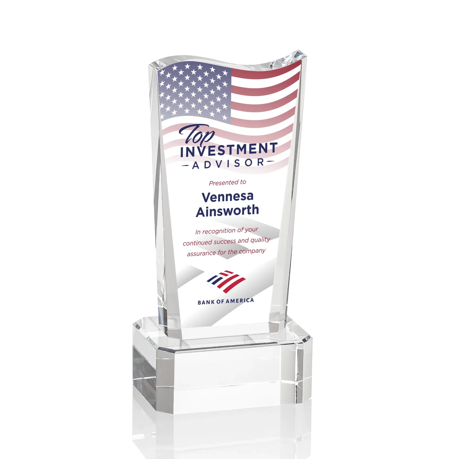 Personalized Optical Crystal Sculpture Award on Clipped Optical Base, awards for corporate award ceremonies
