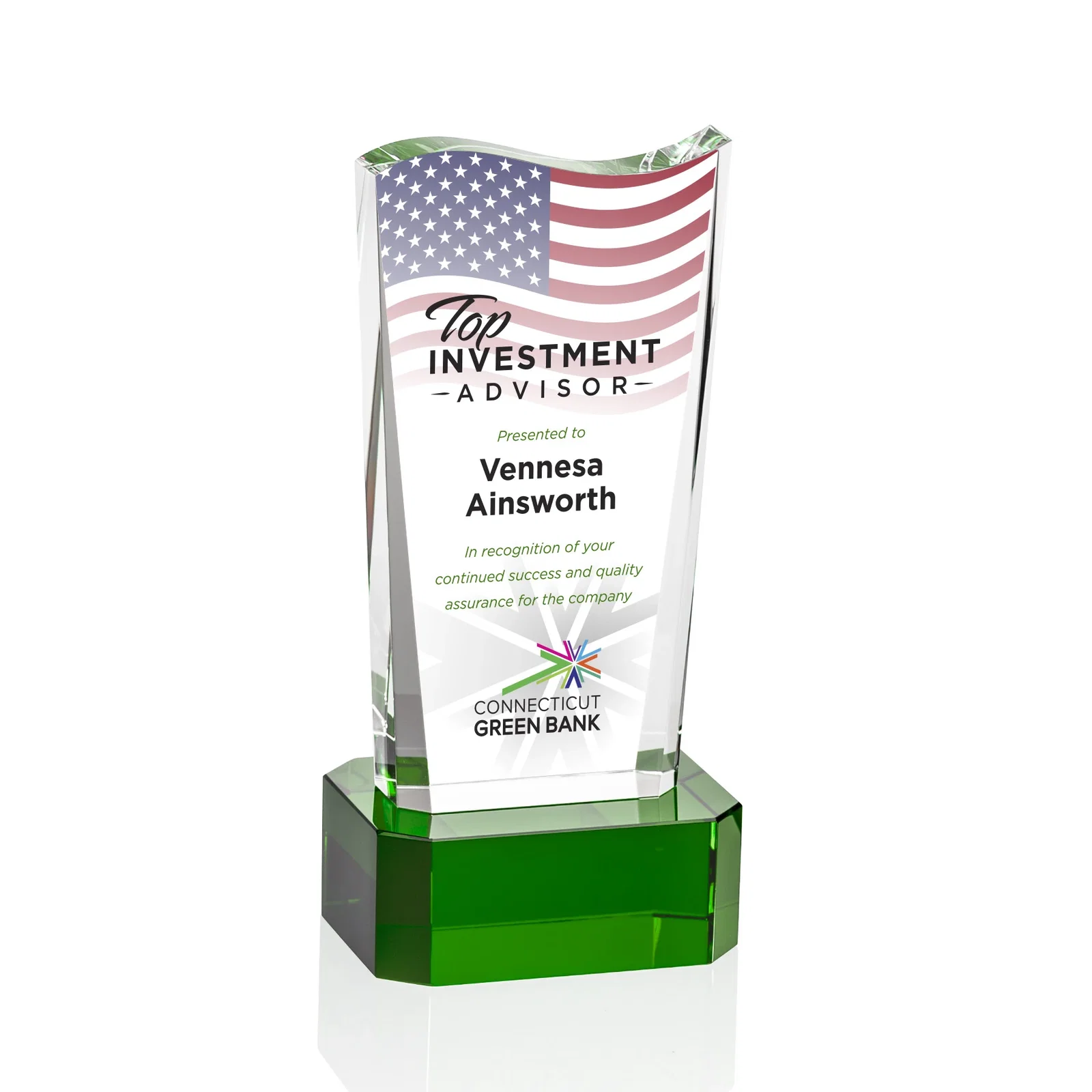 Personalized Optical Crystal Sculpture Award on Clipped Optical Base, awards for retirement presentations