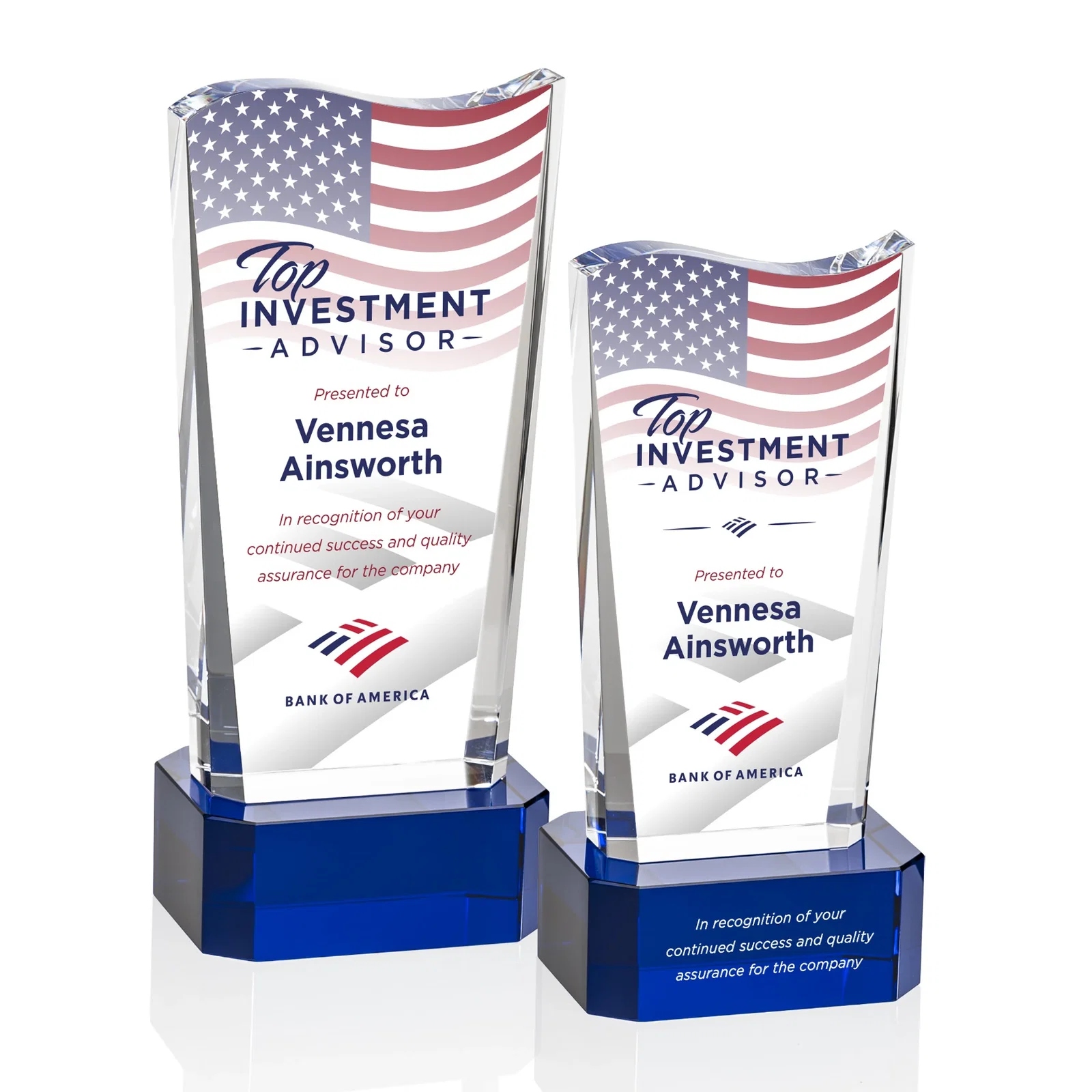 Personalized Optical Crystal Sculpture Award on Clipped Optical Base, awards for volunteer appreciation