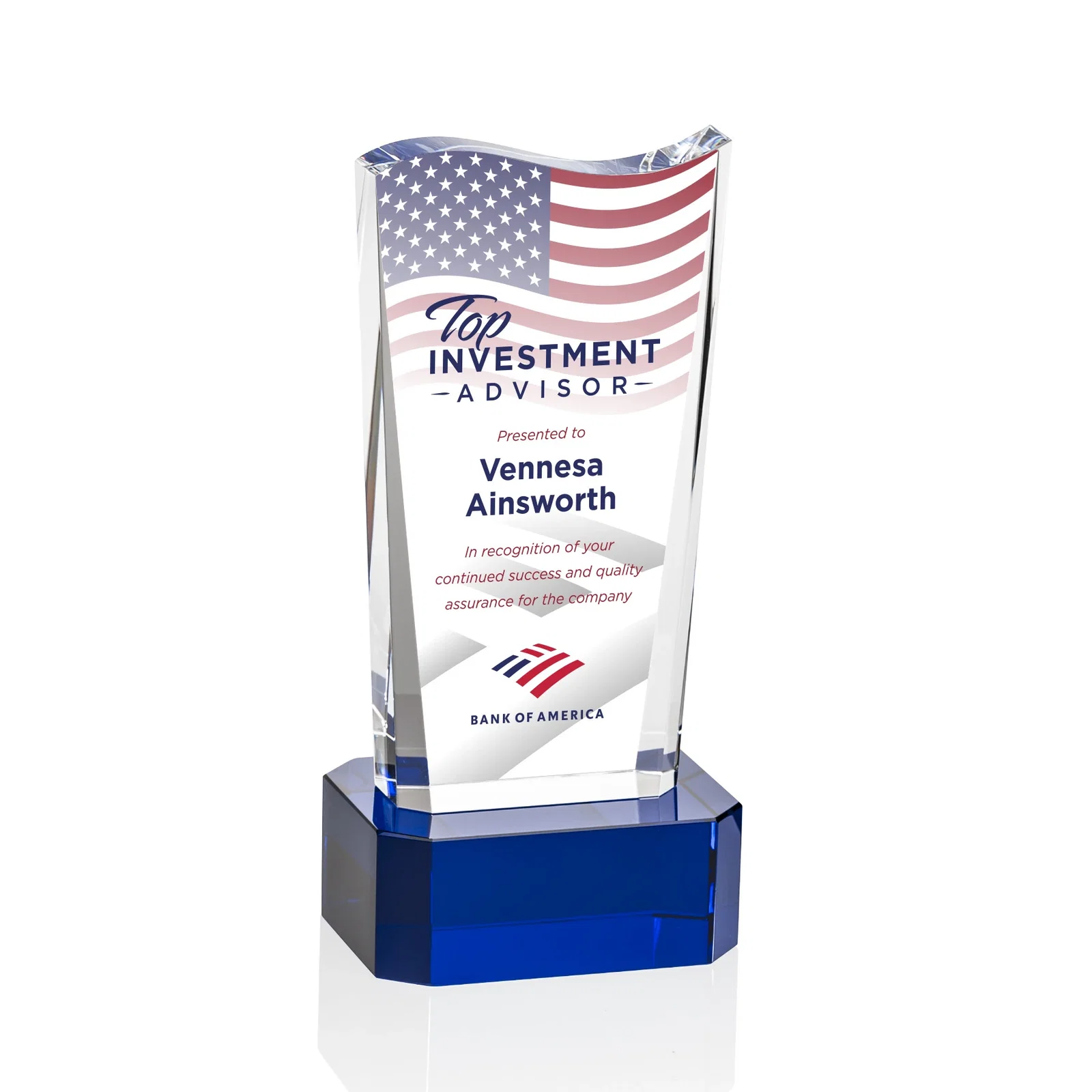 Personalized Optical Crystal Sculpture Award on Clipped Optical Base, awards for dealer and partner awards