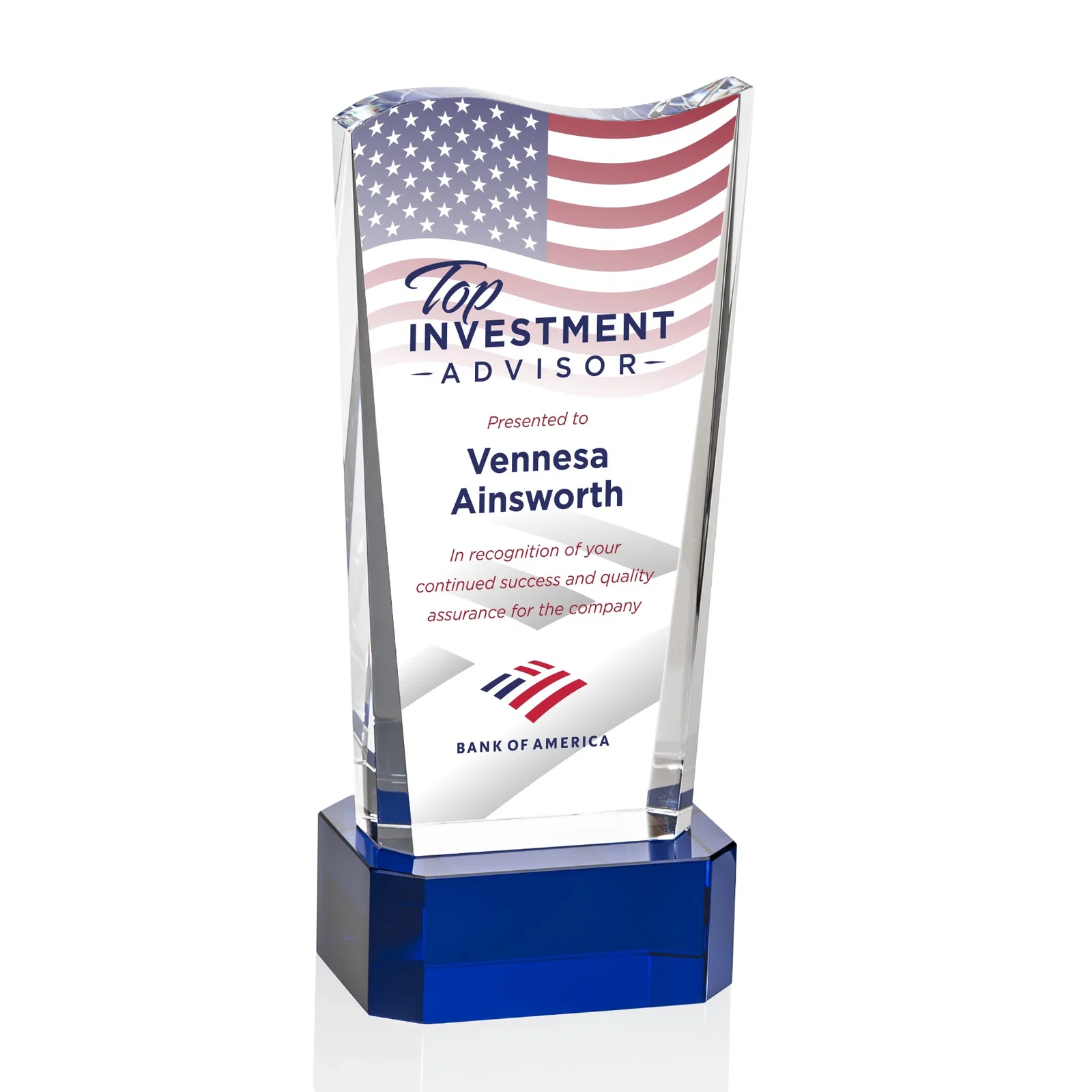 Personalized Optical Crystal Sculpture Award on Clipped Optical Base, awards for company anniversary events