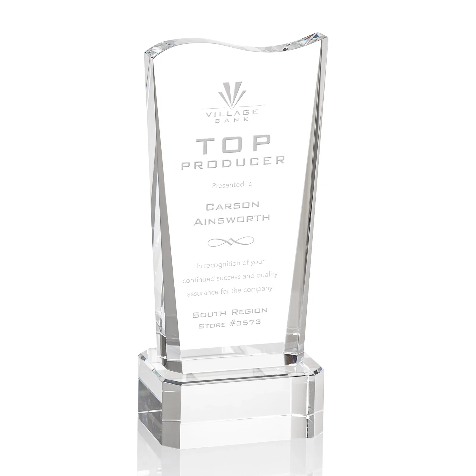Custom Optical Crystal Sculpture Award on Clipped Optical Base, awards for service anniversary gifts