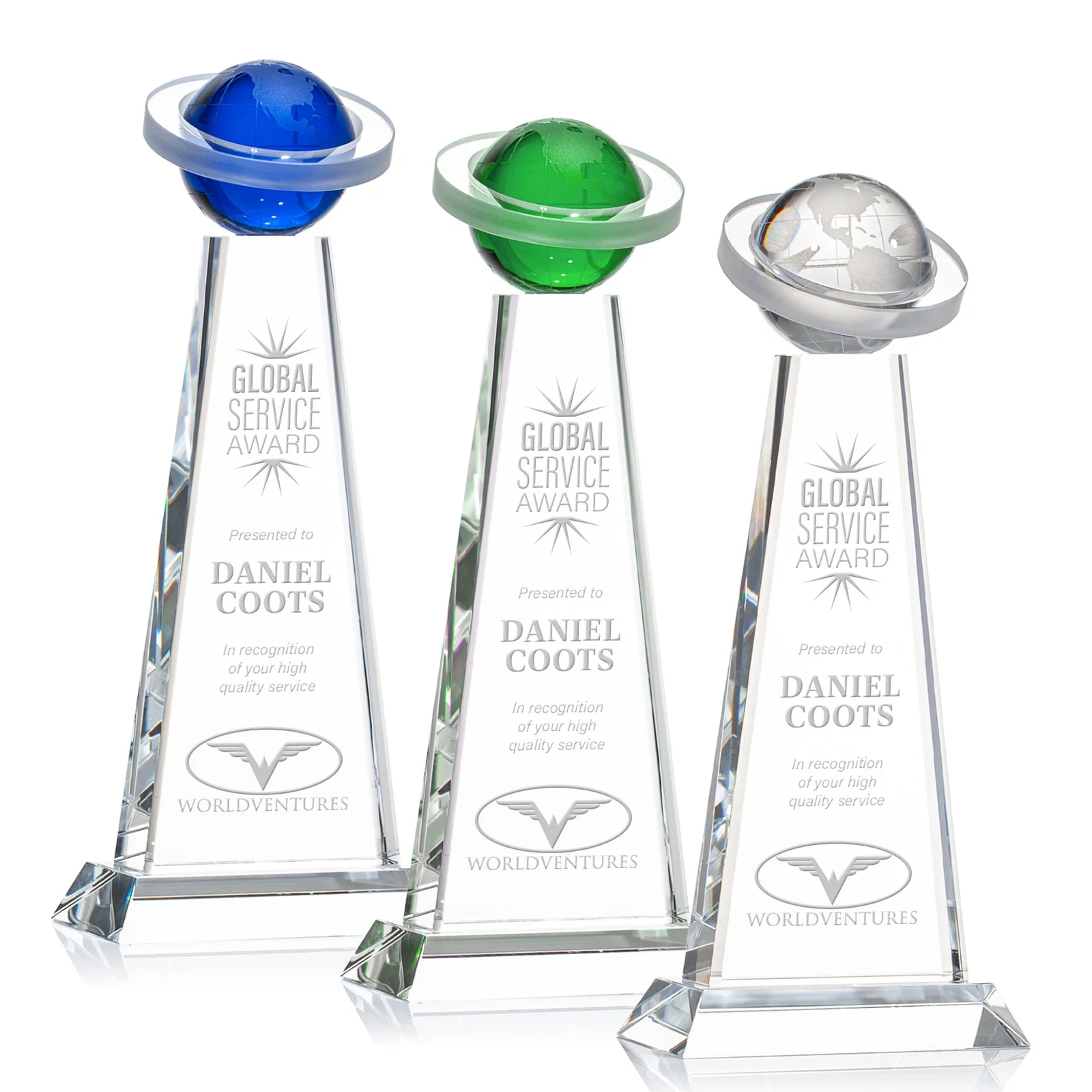 Custom Optical Crystal Tower Award with Ringed Globe Top for employee recognition