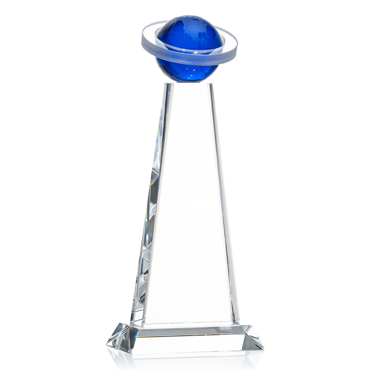 Custom Optical Crystal Tower Award with Ringed Globe Top for volunteer appreciation