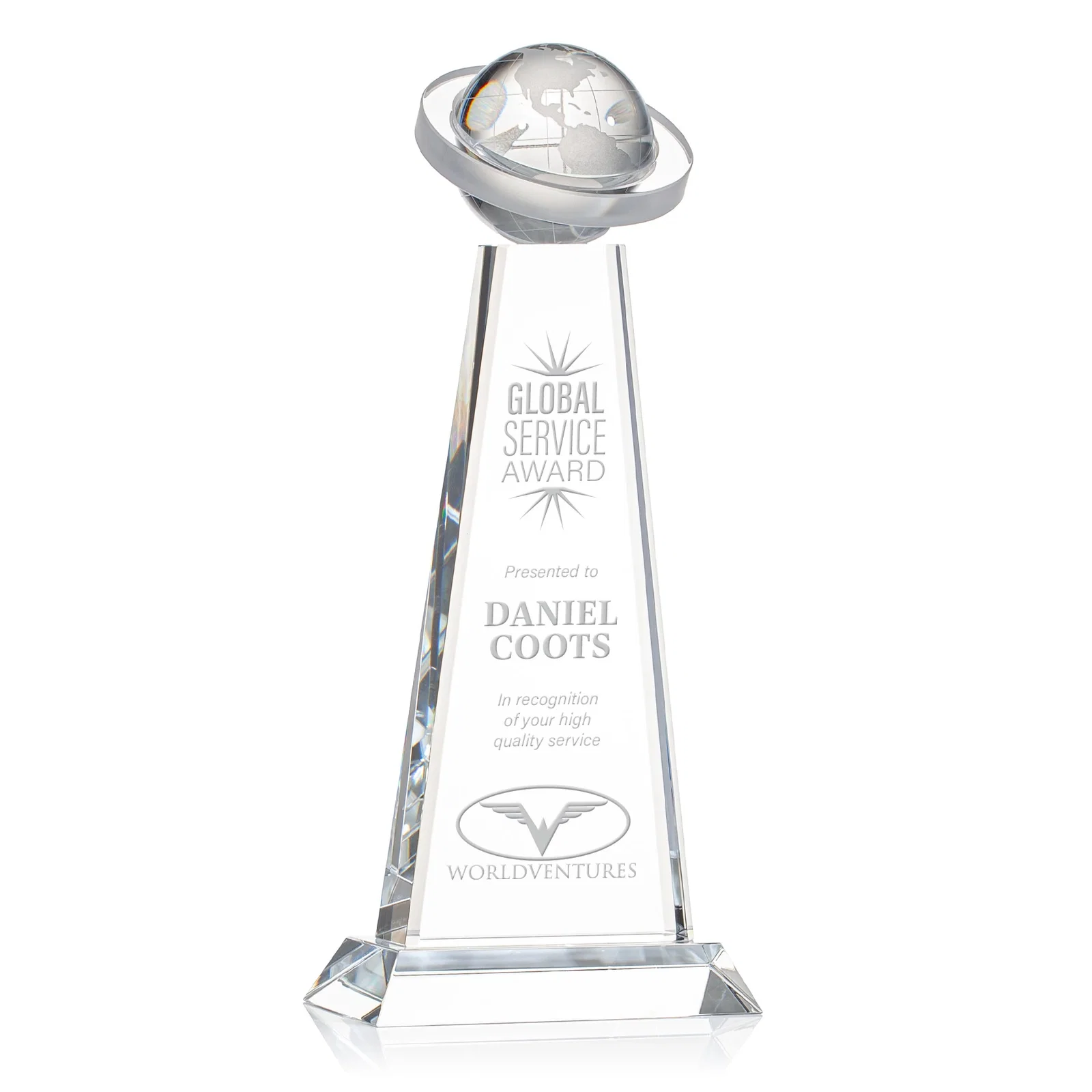 Custom Optical Crystal Tower Award with Ringed Globe Top for corporate award ceremonies