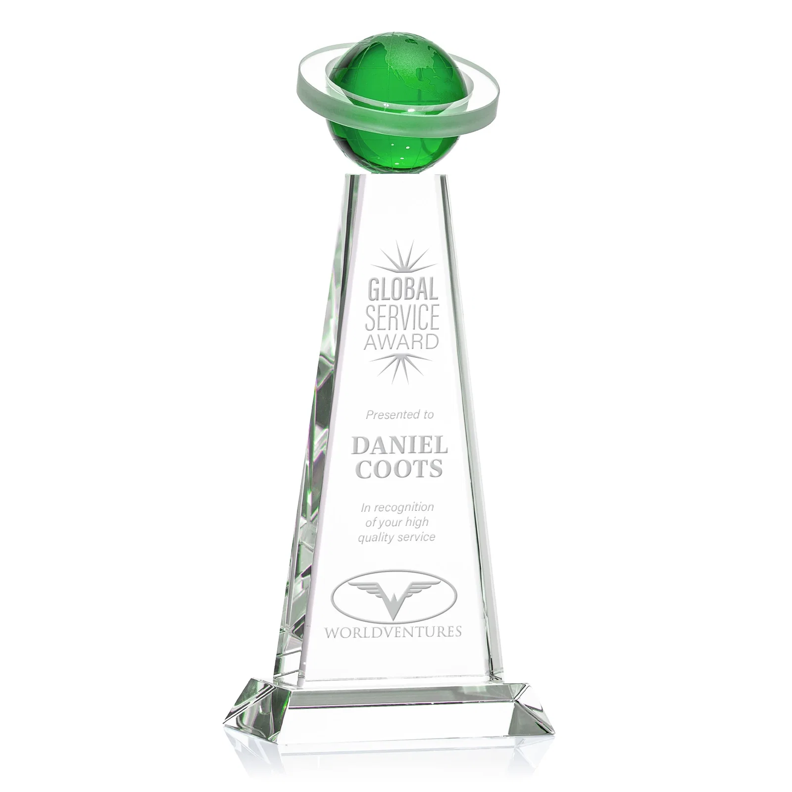 Custom Optical Crystal Tower Award with Ringed Globe Top for sales achievement awards