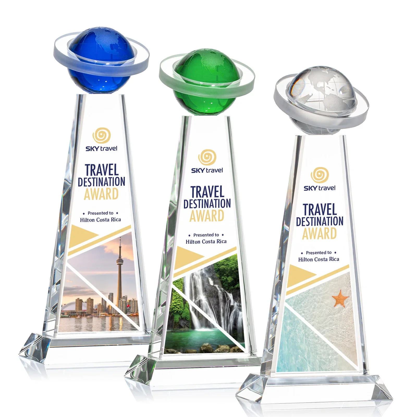 Custom Optical Crystal Tower Award with Ringed Globe Top for retirement presentations