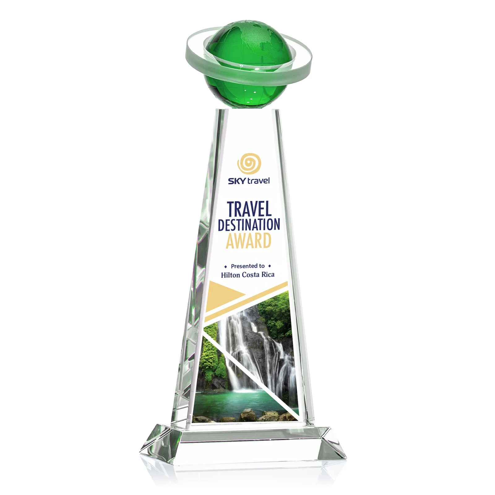 Custom Optical Crystal Tower Award with Ringed Globe Top for team milestone celebrations