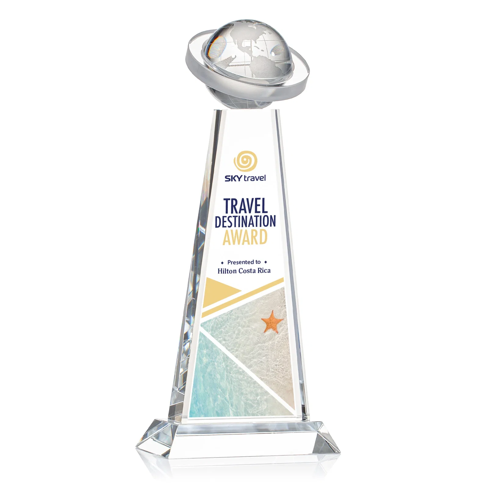 Custom Optical Crystal Tower Award with Ringed Globe Top for donor appreciation
