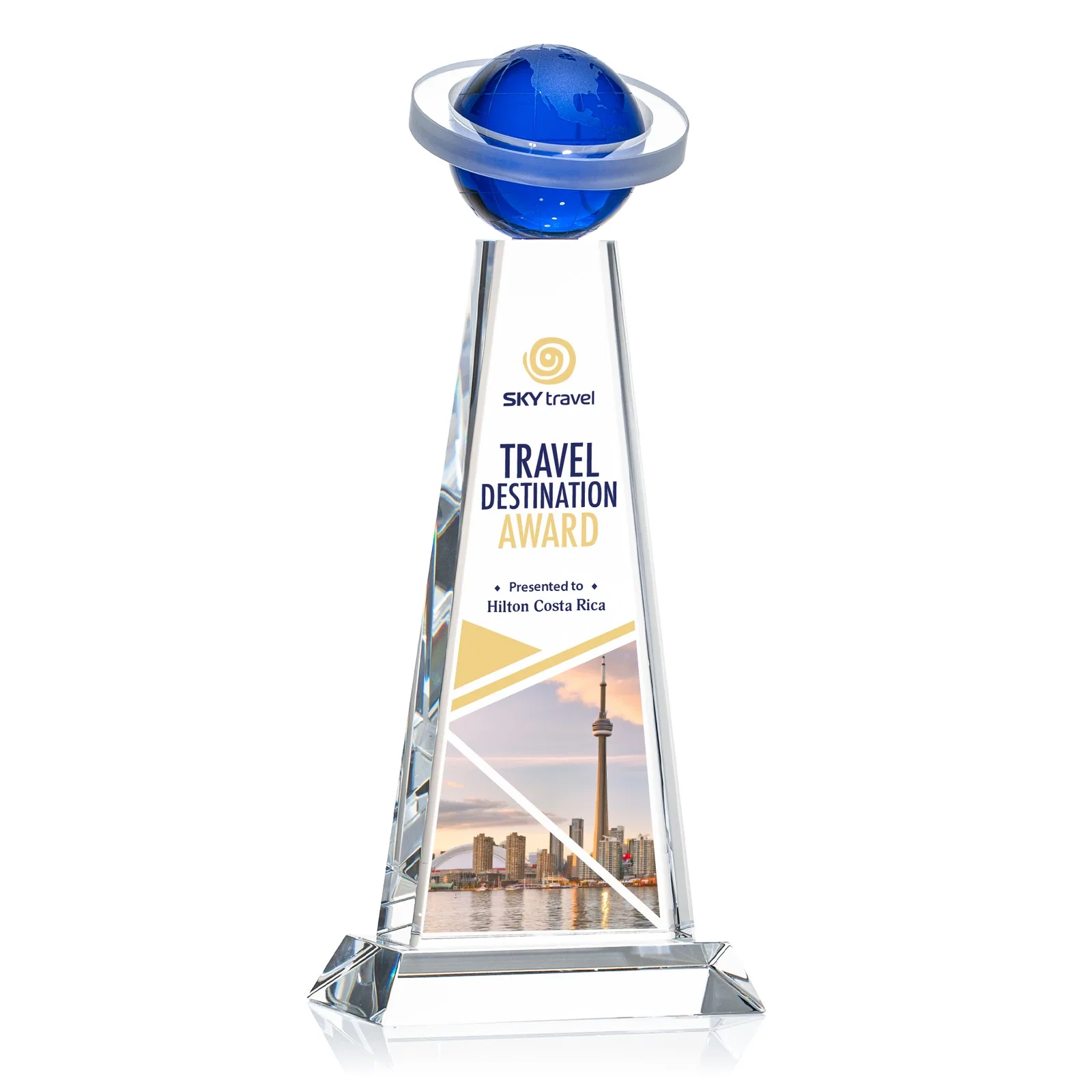 Custom Optical Crystal Tower Award with Ringed Globe Top for graduation ceremonies
